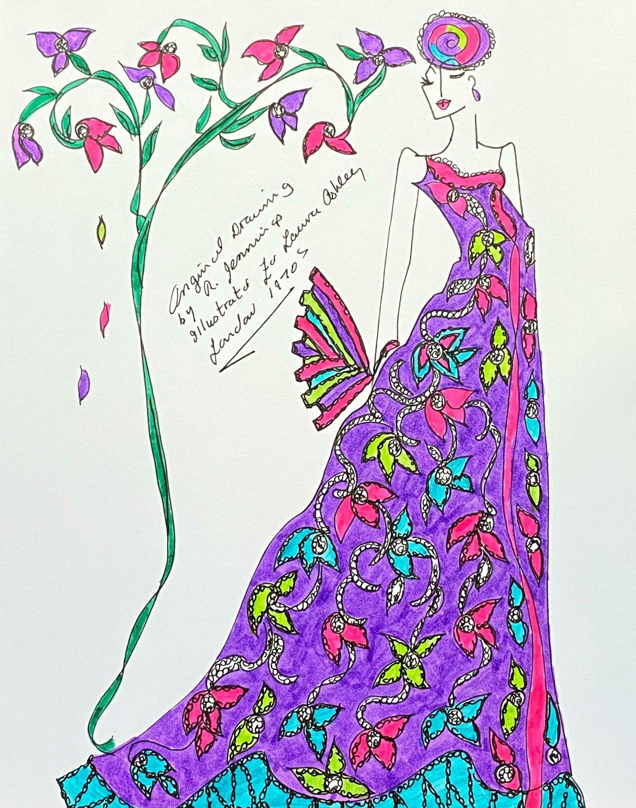 Roz Jenningsoriginal Fashion Design Illustration Watercolor Painting Laura Ashley Designerc. 2000's