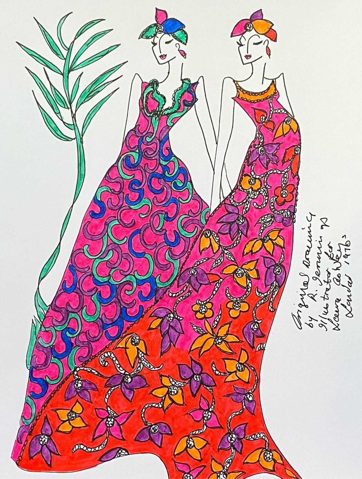 Roz Jenningsoriginal Fashion Design Illustration Watercolor Painting Laura Ashley Designerc. 2000's