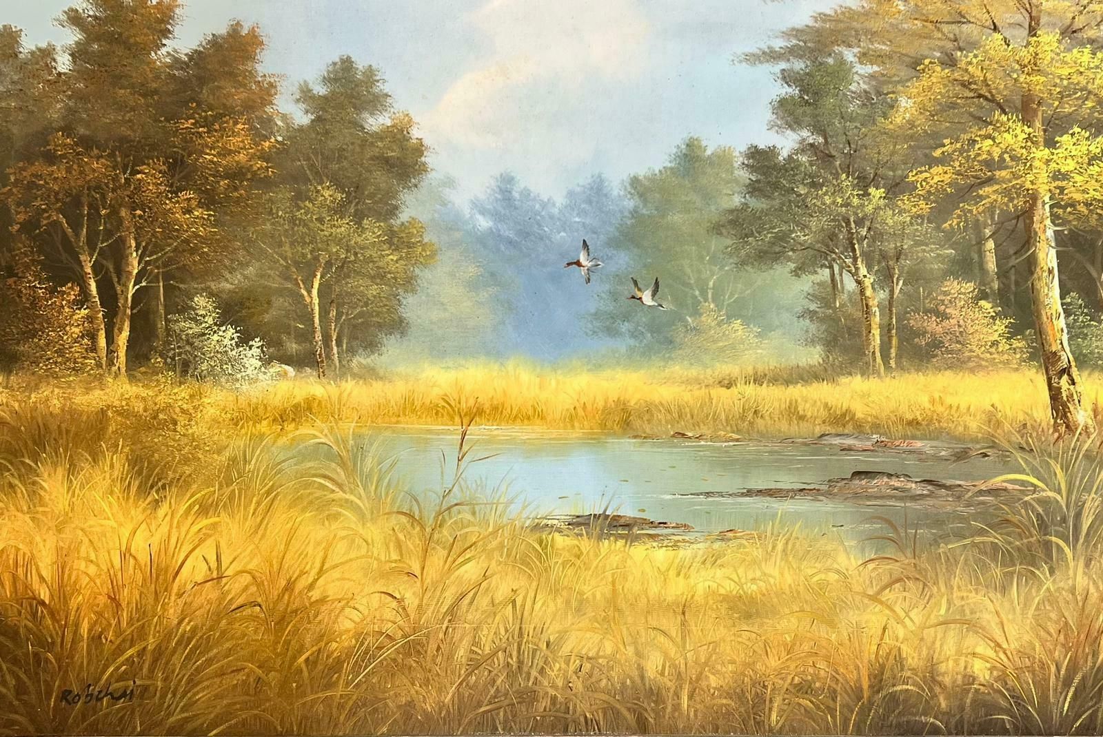 European Artistlarge Traditional Signed Oil Painting Gilt Swept Frame Ducks In Flight Over Pond