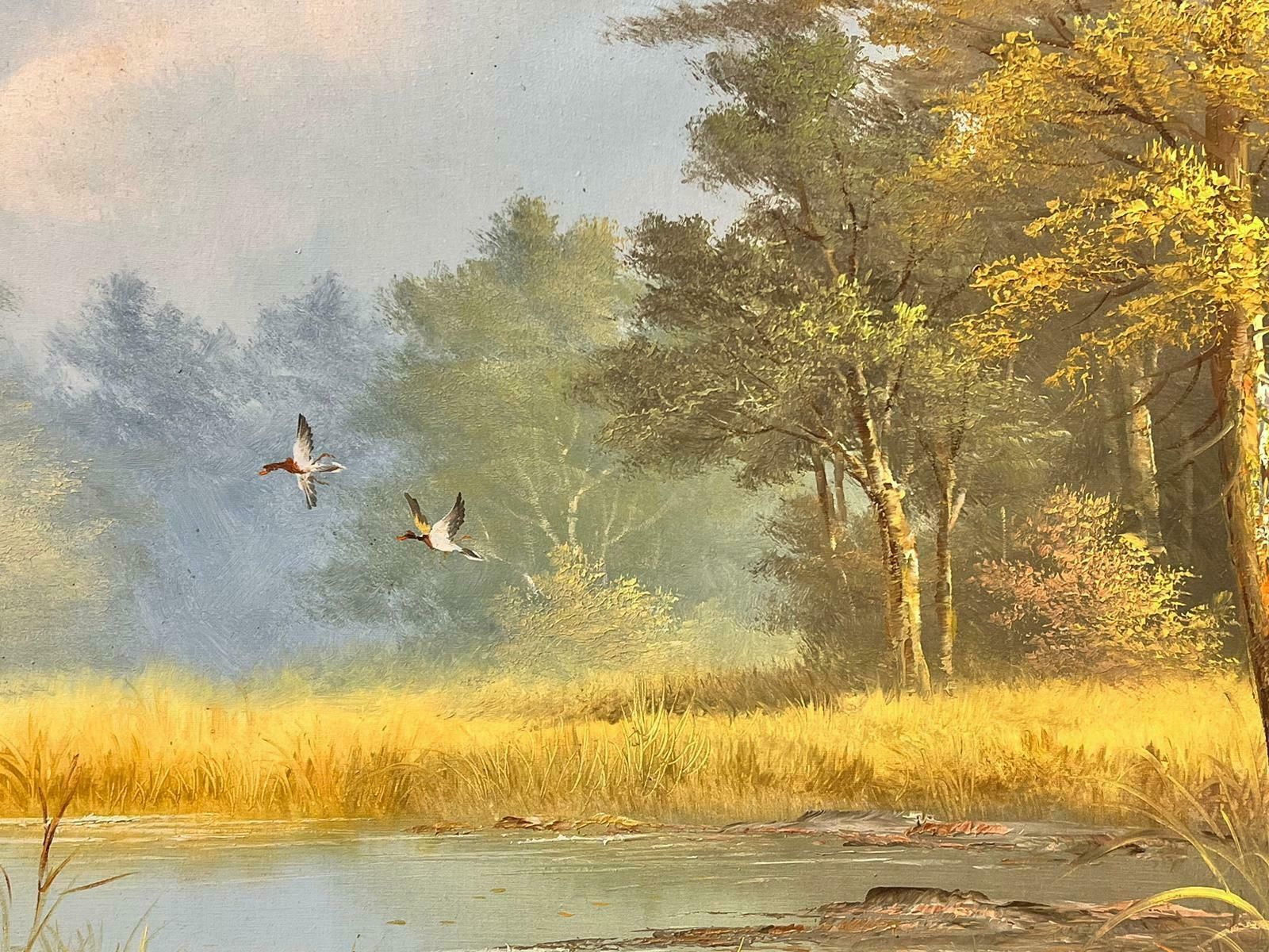 European Artistlarge Traditional Signed Oil Painting Gilt Swept Frame Ducks In Flight Over Pond photo Art