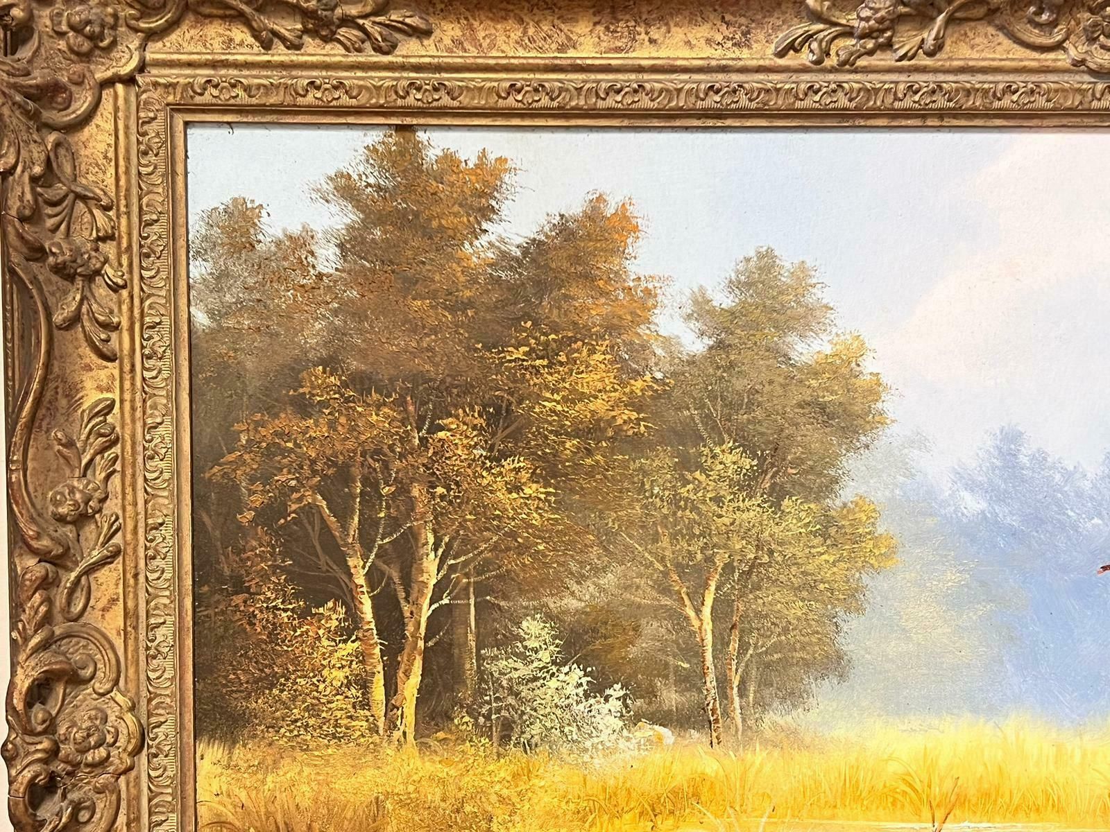 European Artistlarge Traditional Signed Oil Painting Gilt Swept Frame Ducks In Flight Over Pond photo 1634.0