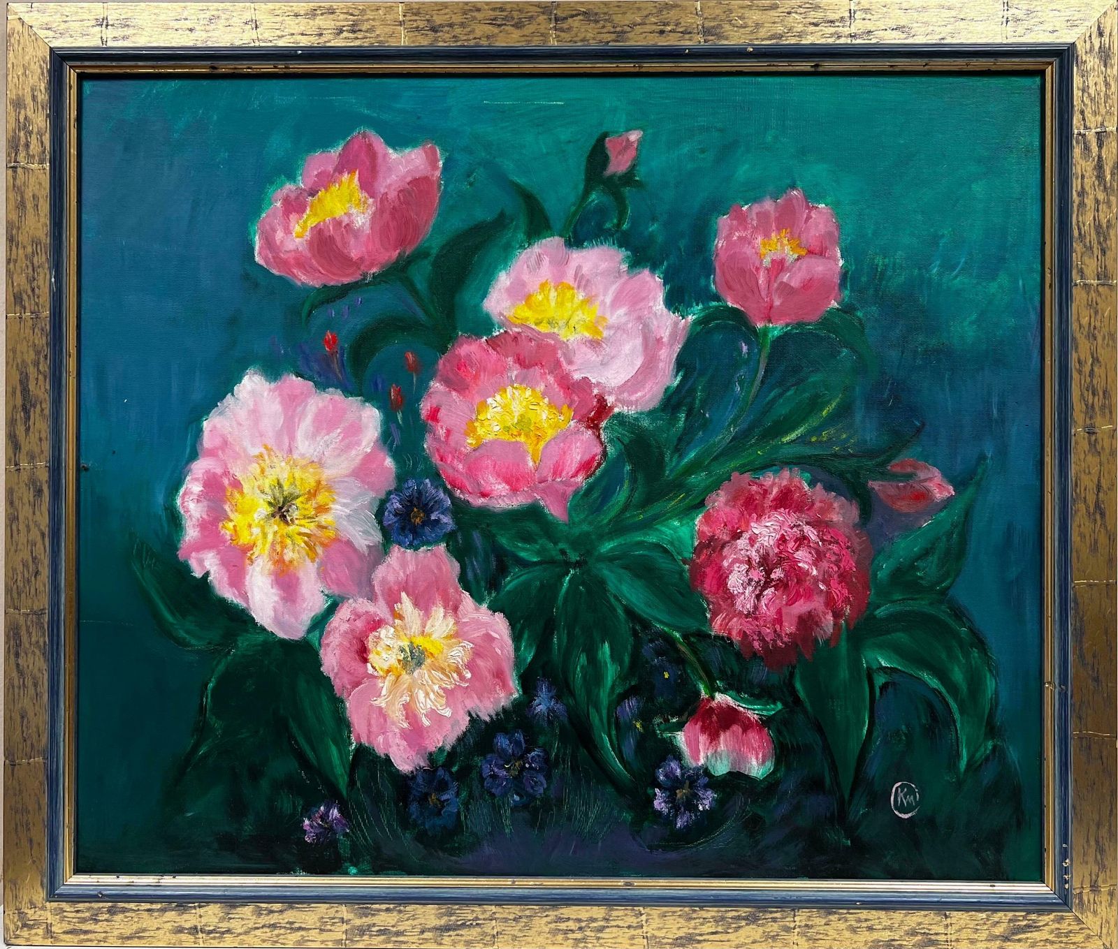Kathleen Crowlarge British Contemporary Painting   Pink Flowers Against Blue Background photo furniture