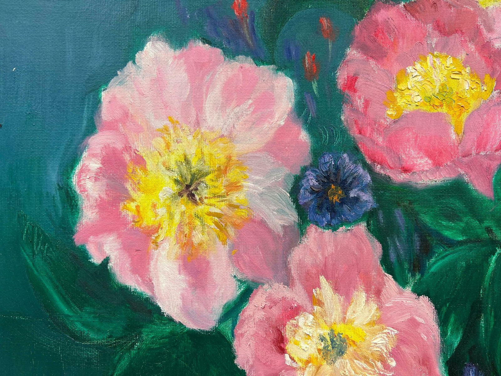 Kathleen Crowlarge British Contemporary Painting   Pink Flowers Against Blue Background photo vintage
