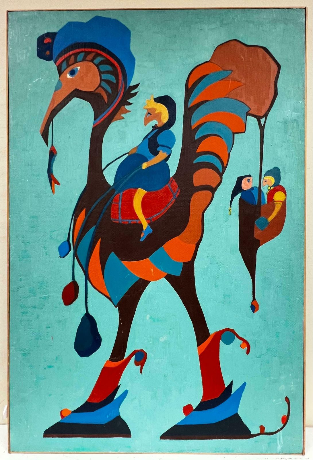 Kathleen Crowlarge British Abstract Painting Colorful Cockerel Bird, Original Work photo furniture
