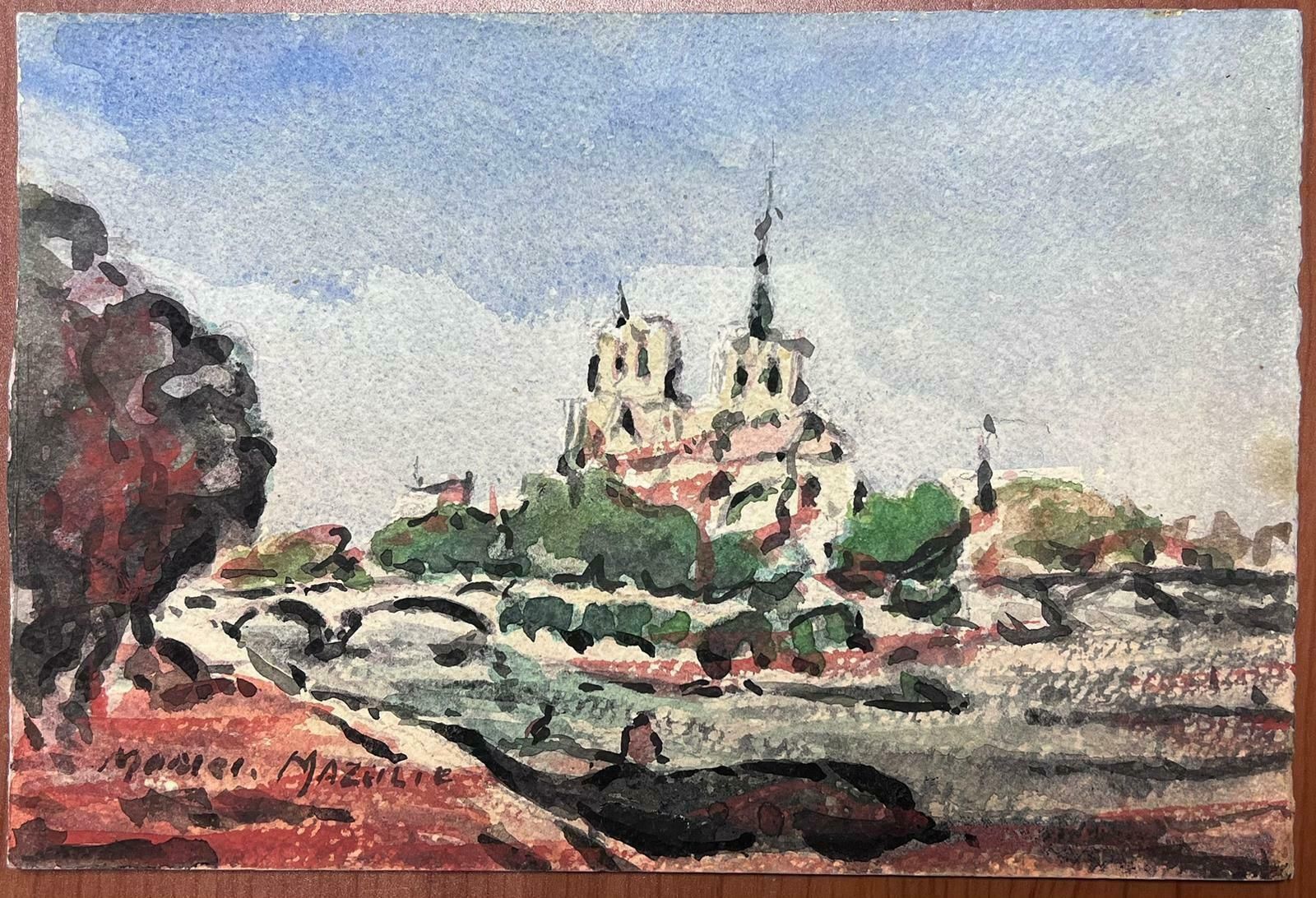 Maurice Mazeiliefrench Impressionist Watercolour Landscape Notre Damme Behind The River Seine photo furniture