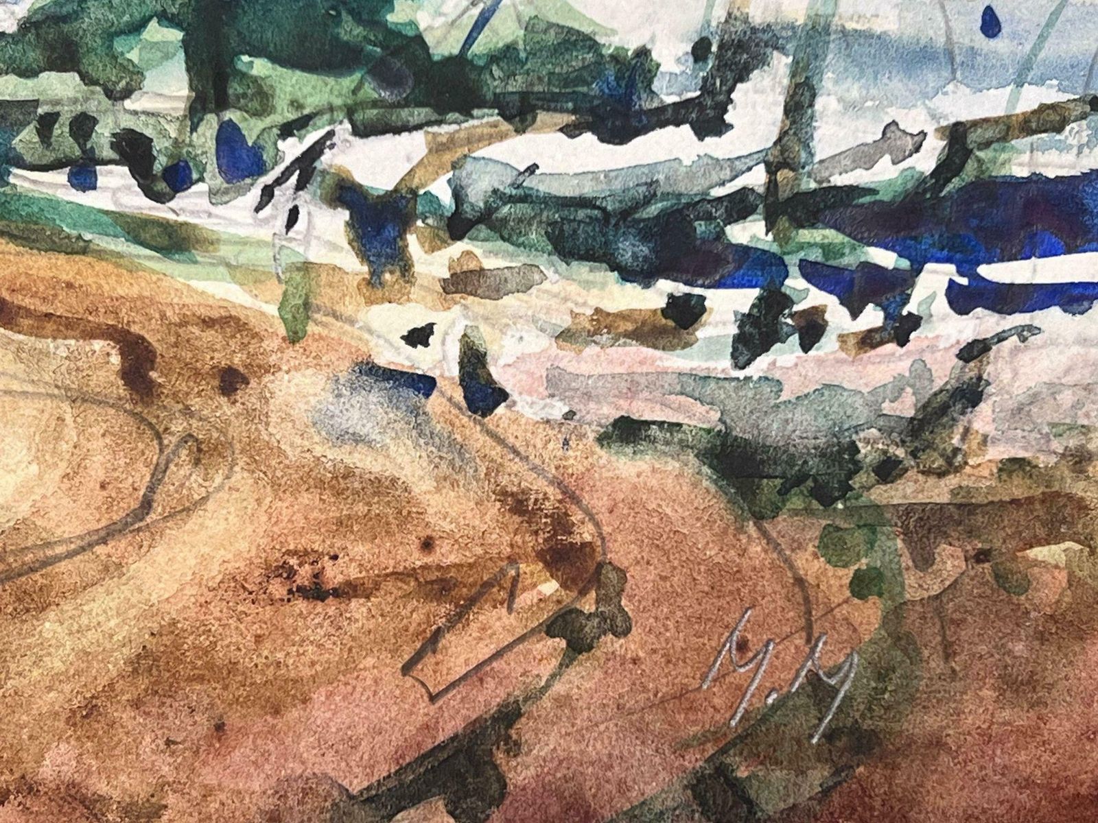 Maurice Mazeiliefrench Watercolour Landscape Sandy Path Along The Sailing Boat Harbour photo for sale