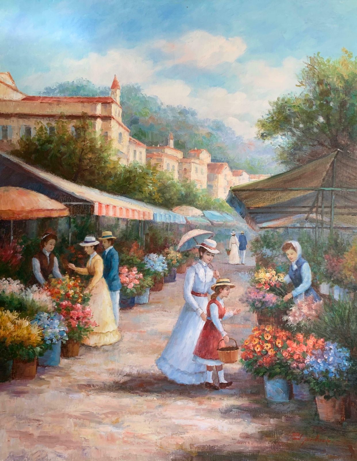 Paul Pellarole Marche De Fleurs Very Large French Impressionist Signed Oil Figures At Marketc.1990's