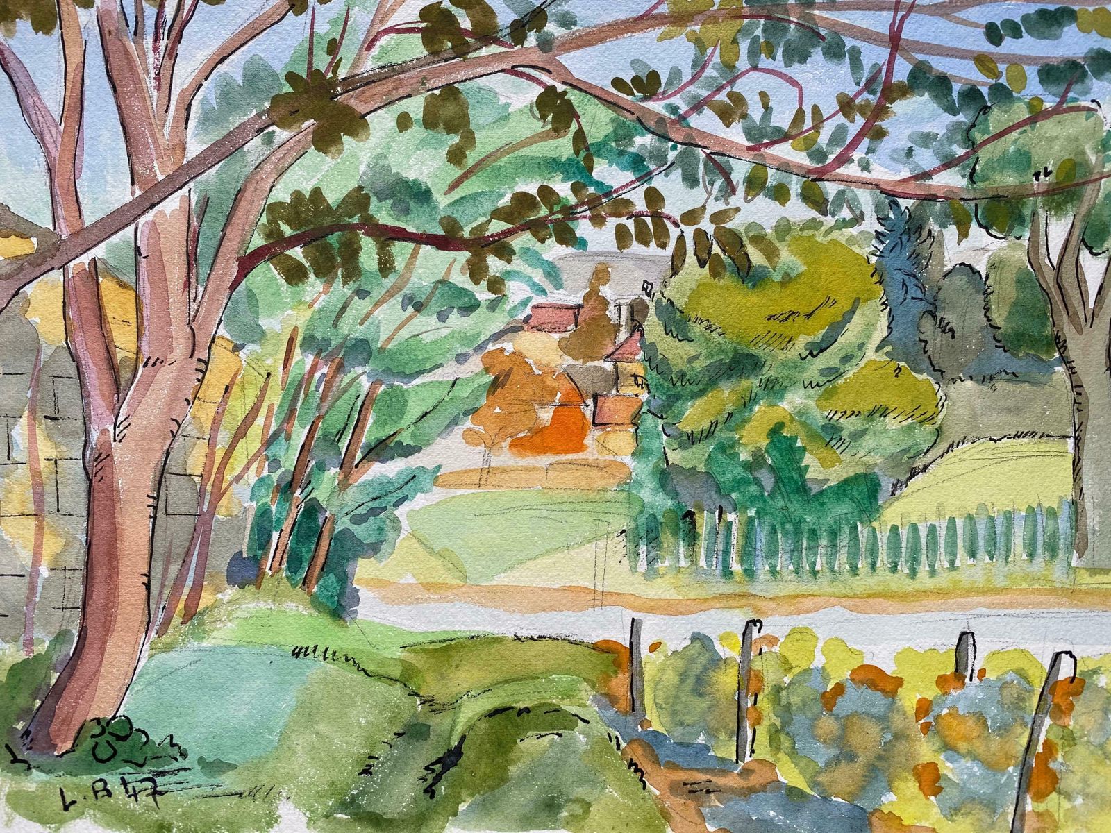 Louis Bellon1940's Provence France Painting Green Landscape   Post Impressionist Artistc. 1940s