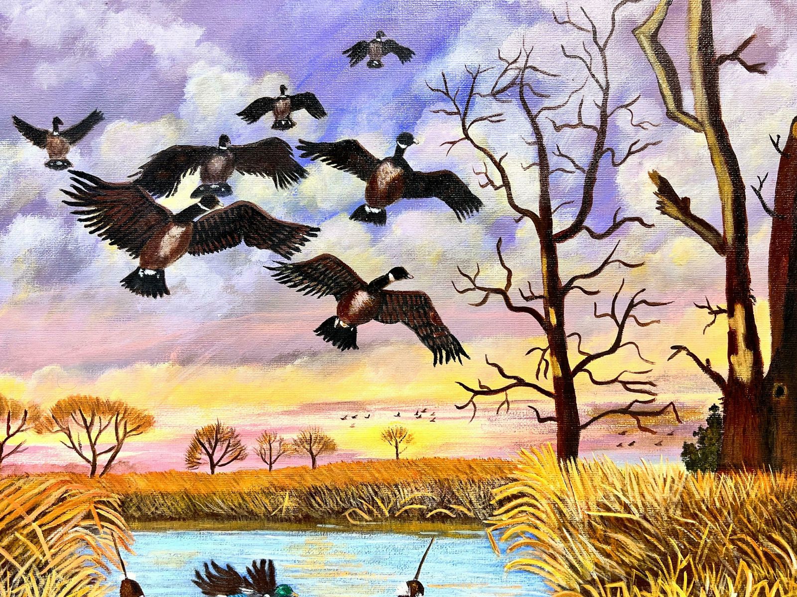 Ben Powellmallards In Flight Over Pond At Sunset Dusk Modern British Painting On Canvas photo furniture