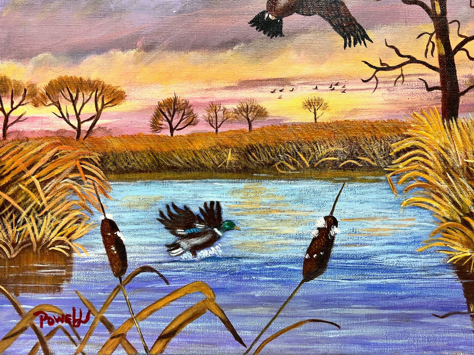 Ben Powellmallards In Flight Over Pond At Sunset Dusk Modern British Painting On Canvas photo for sale