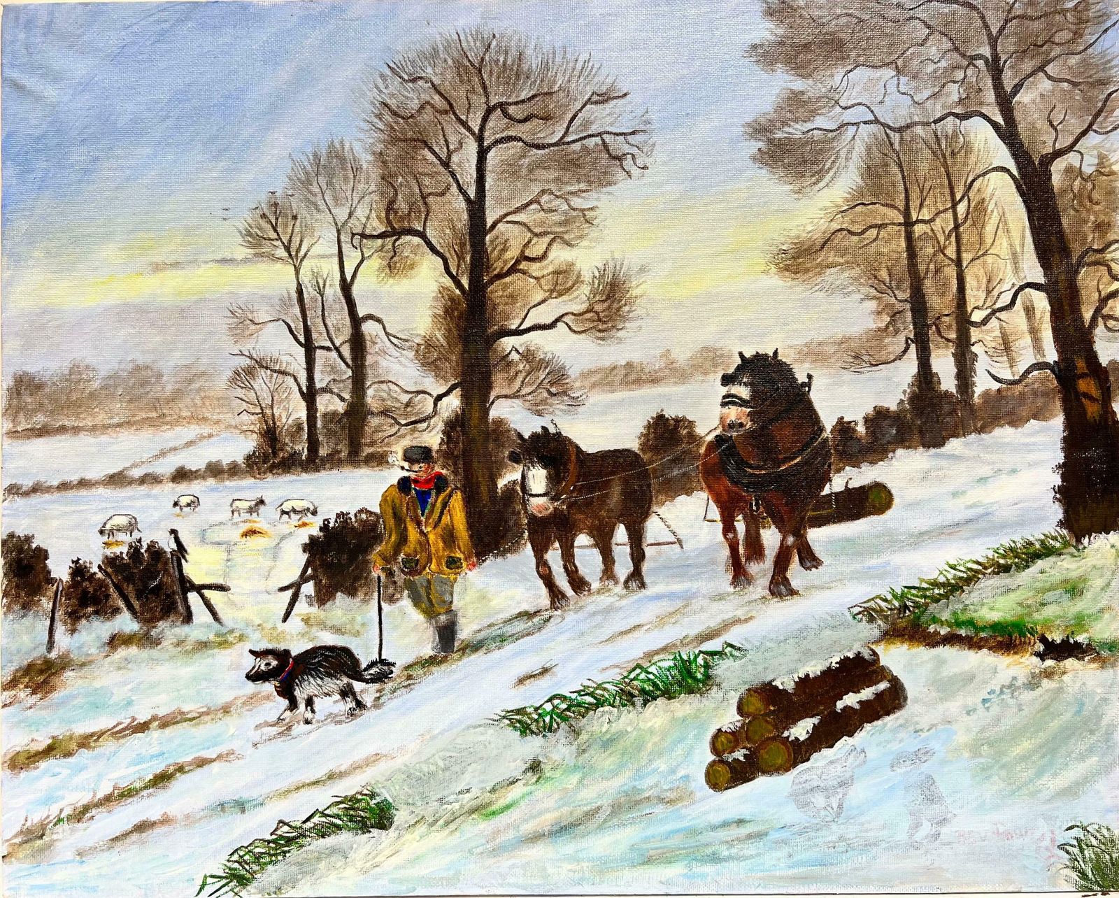 Ben Powellthe Logging Team Farmer With Heavy Horses Pulling Timber In Woodland Snow