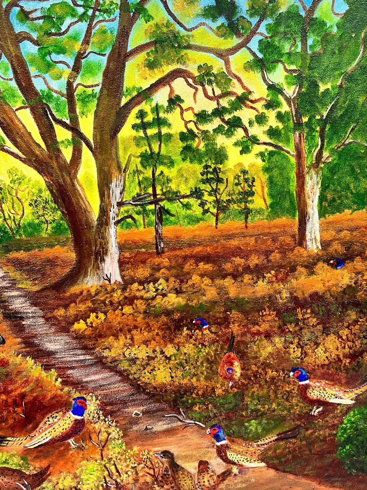 Ben Powellpheasants In Golden Autumn Leaves Woodland Pathway Contemporary British Painting photo Art