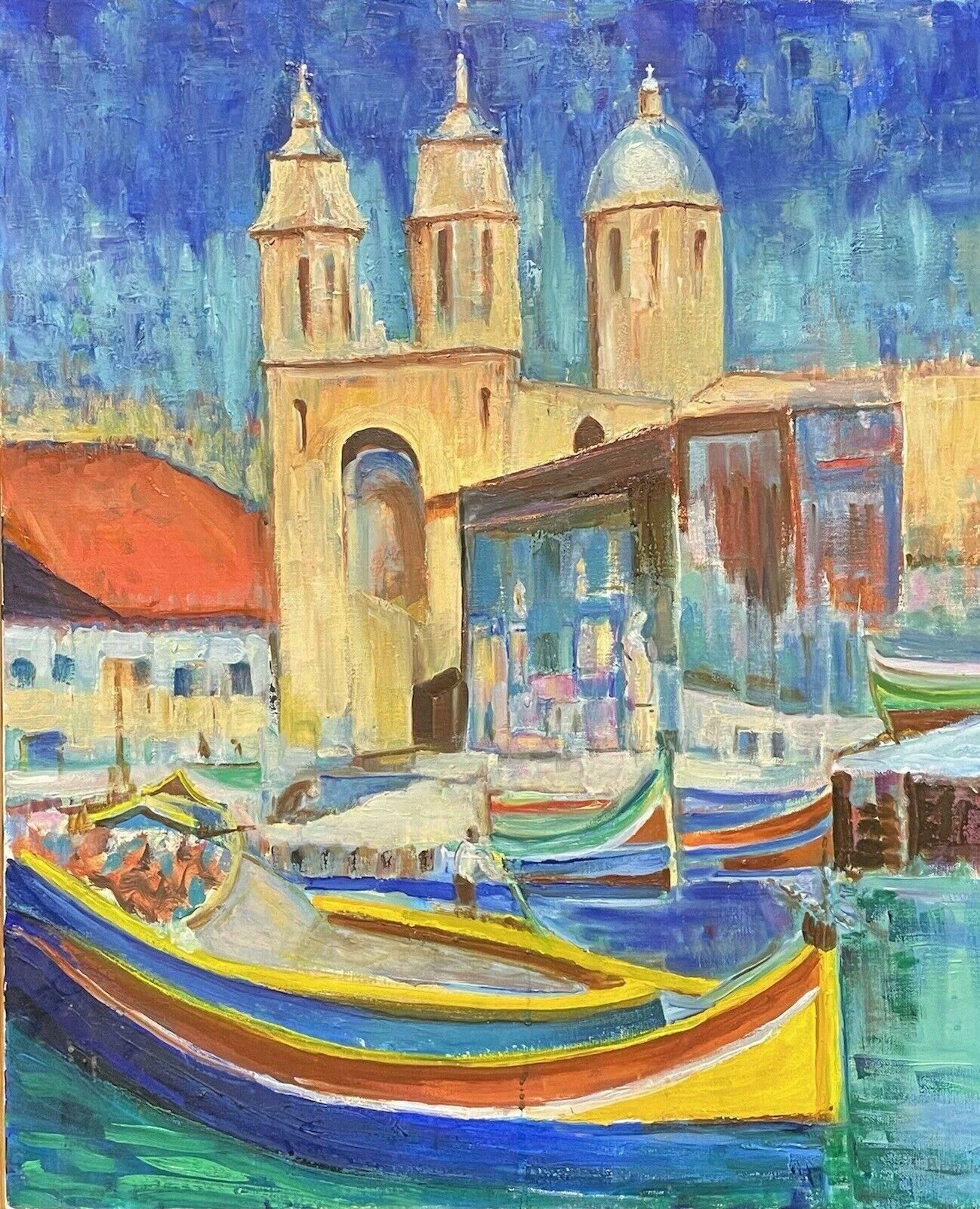 Claudine Ribouletclaudine Riboulet (French 1924 2013) Large Signed Oil   Boats On Busy City Canalmid Century photo vinterior