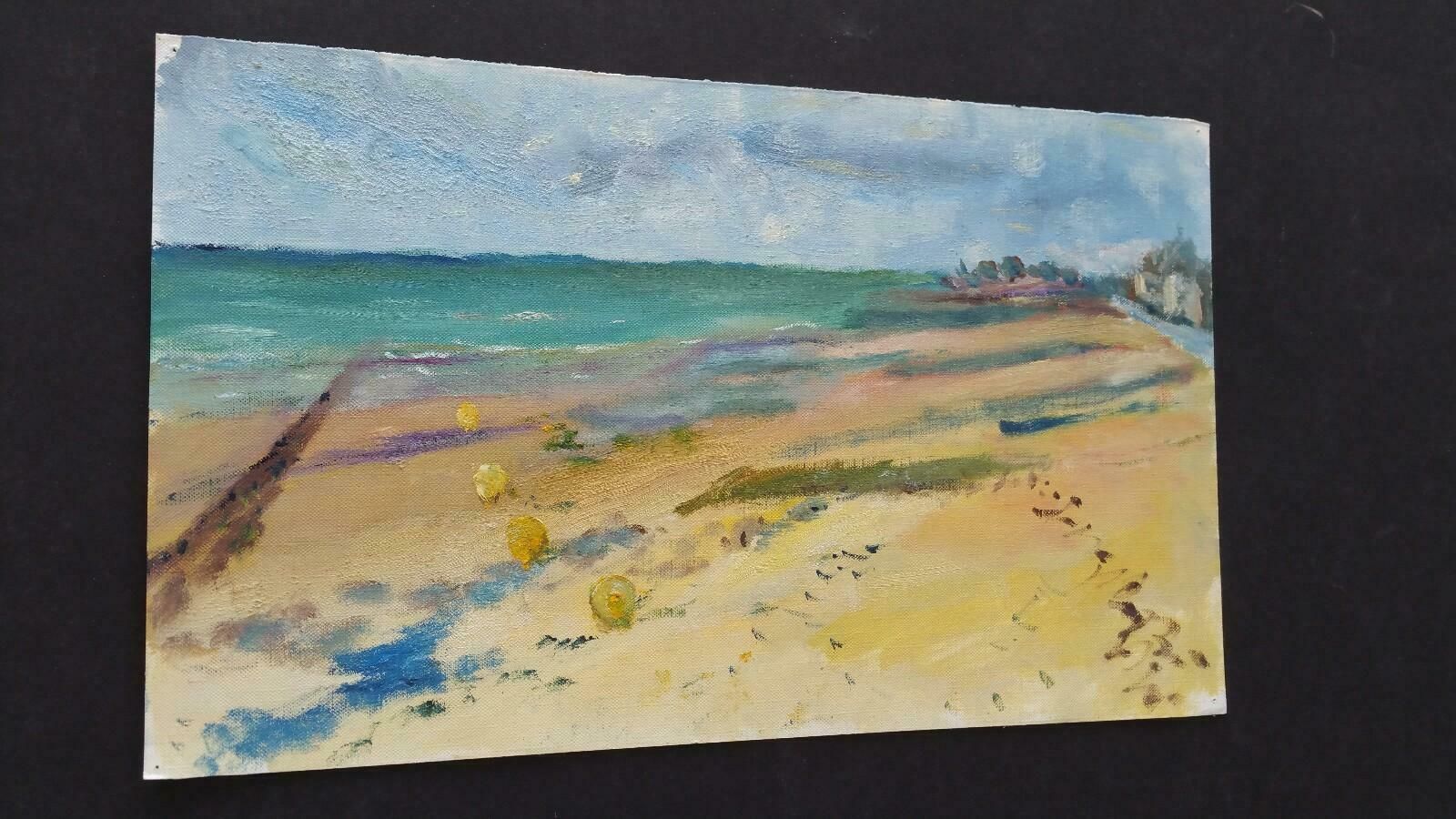 photo furniture Unknown20th Century French Oil Painting Beach Walk On A Cool Daylate 20th Century