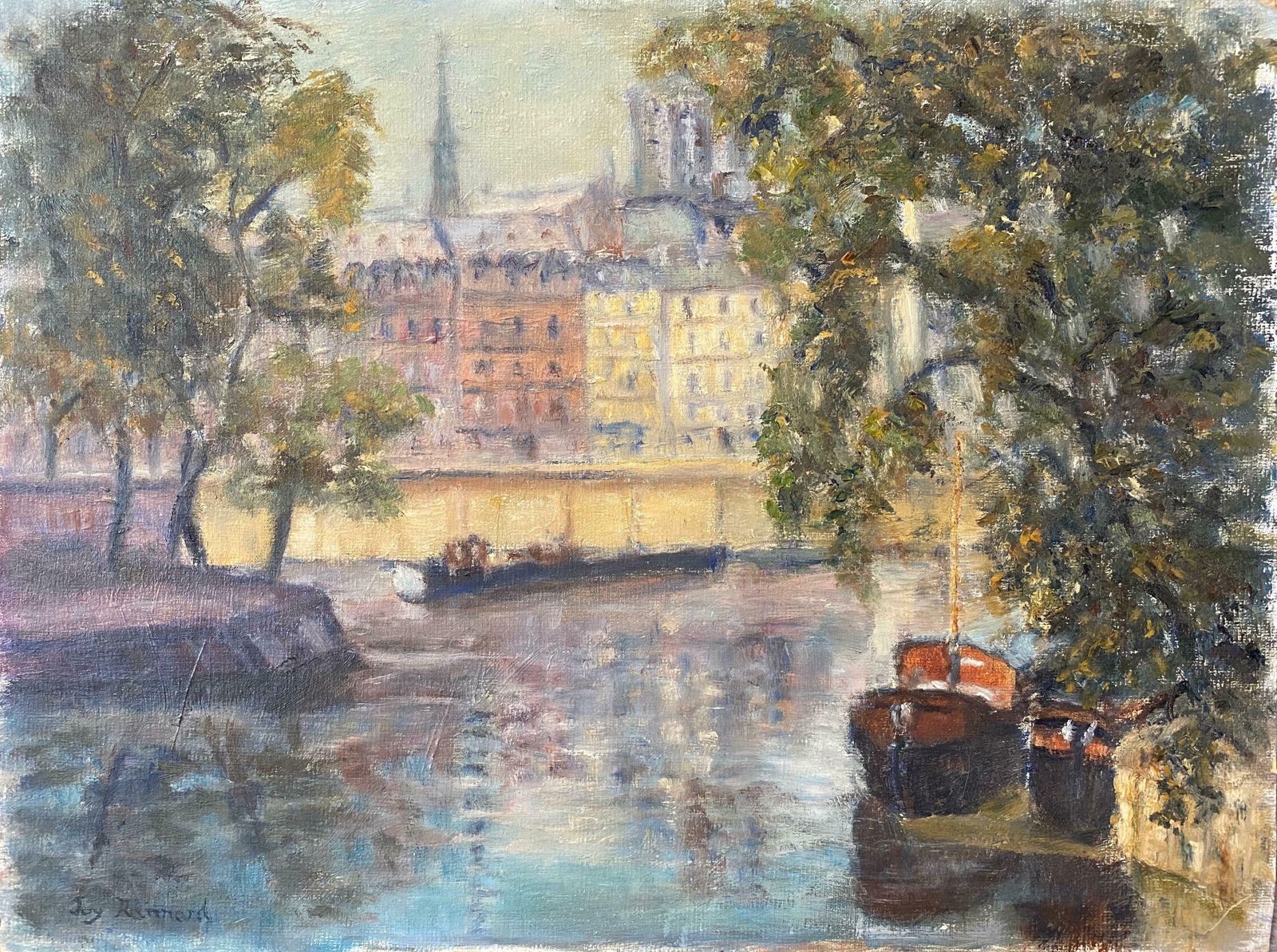 Joy Rannardmid Century English Impressionist Oil Busy City River Scene Boats And Buildingsc. 1960's