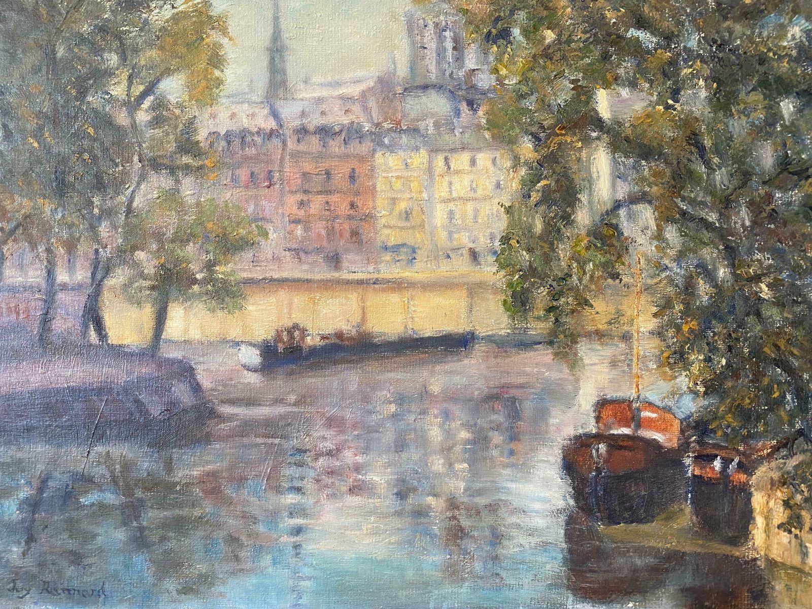 Joy Rannardmid Century English Impressionist Oil Busy City River Scene Boats And Buildingsc. 1960's photo furniture