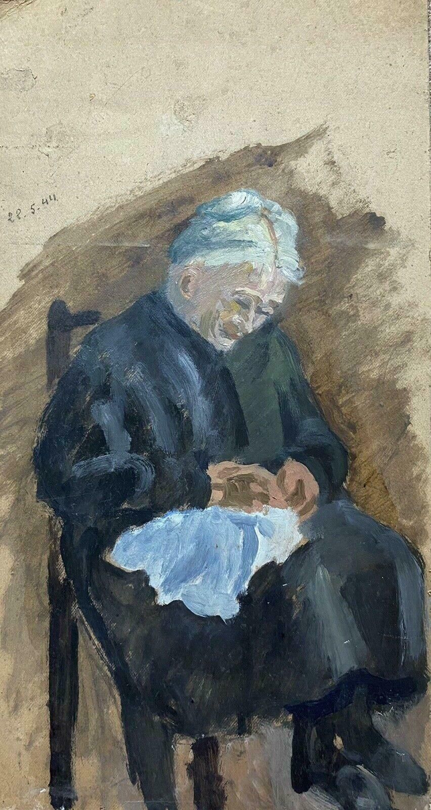 Genevieve Zondervan (1922 2013)genevieve Zondervan (1922 2013) 1940's French Oil Painting   Elderly Lady Sewingc. 1990's photo furniture