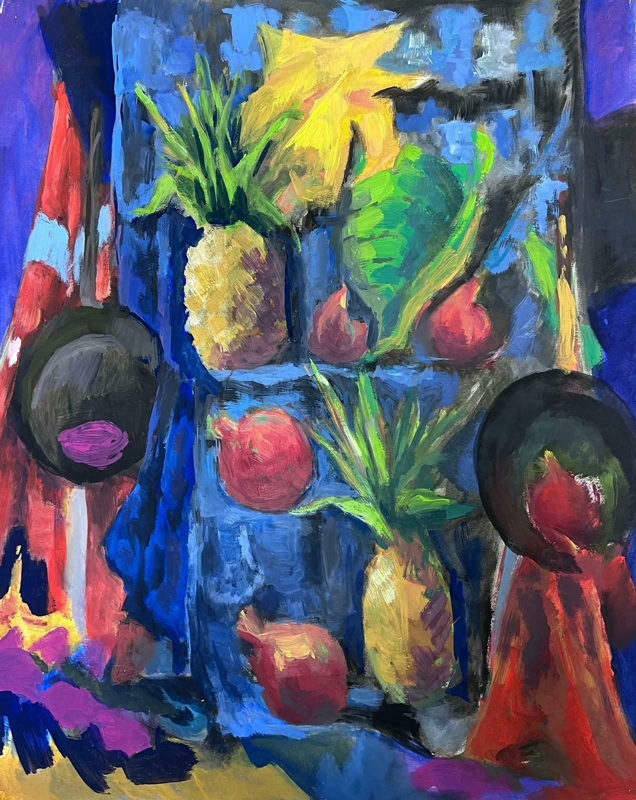 Guy Nicod 1970's French Modernist Still Life Pineapples Amazing Blue Colors
