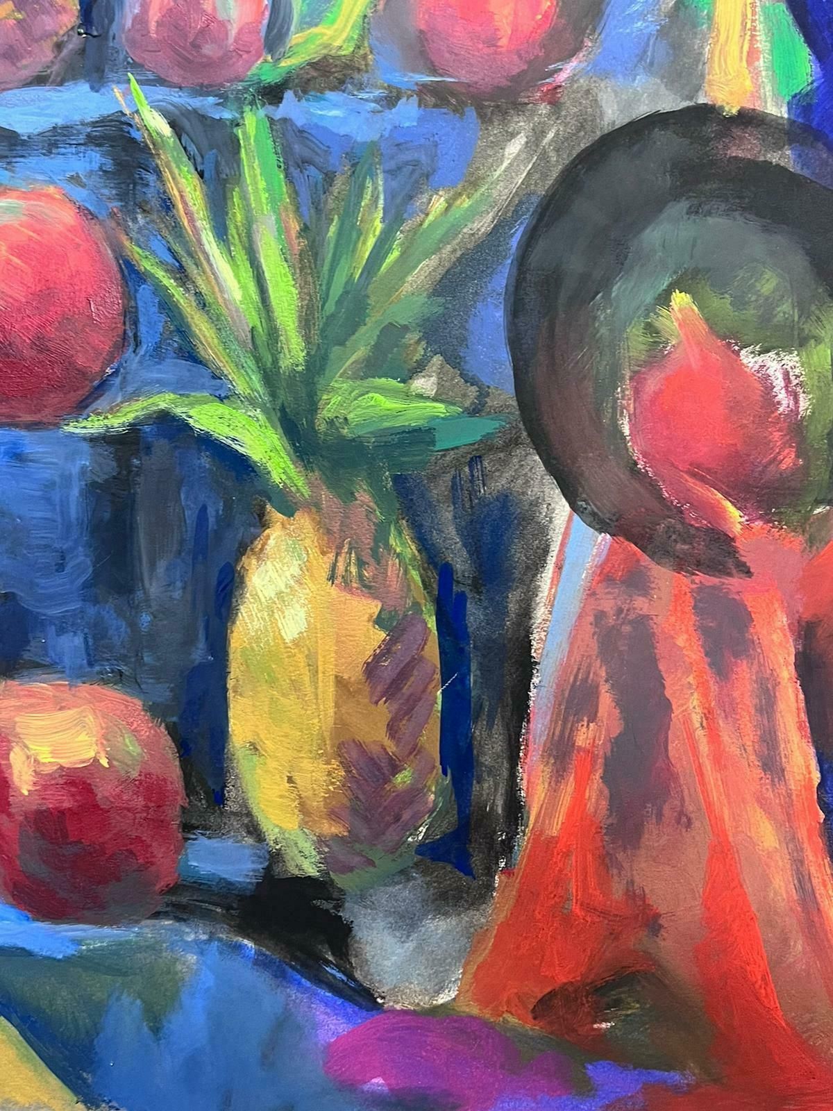 Guy Nicod 1970's French Modernist Still Life Pineapples Amazing Blue Colors photo furniture
