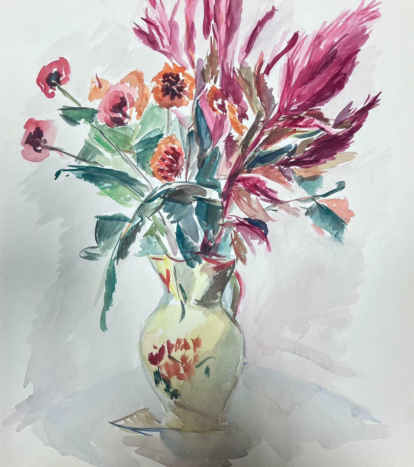 Guy Nicodmid 20th Century French Painting Pink Poppies And Ferns In China Vase