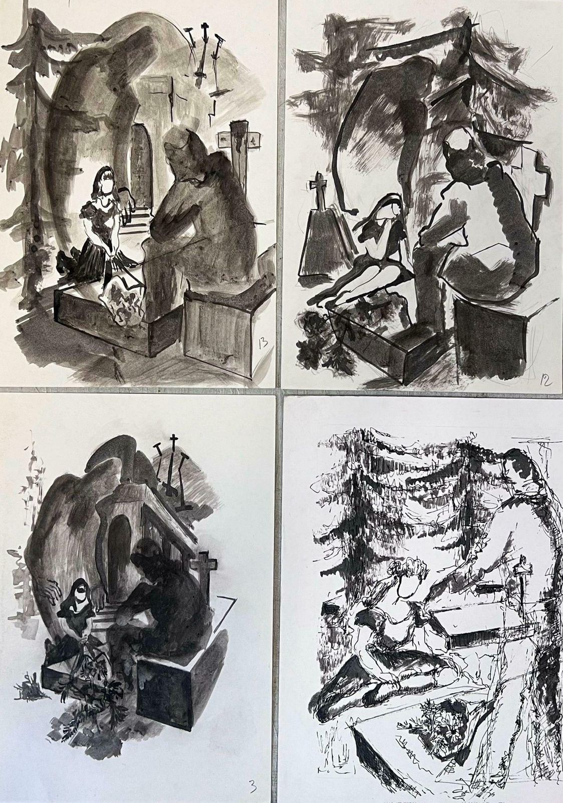 Guy Nicod 20th Century French Modernist Painting Set Of Four Dark Watercolour Scenes