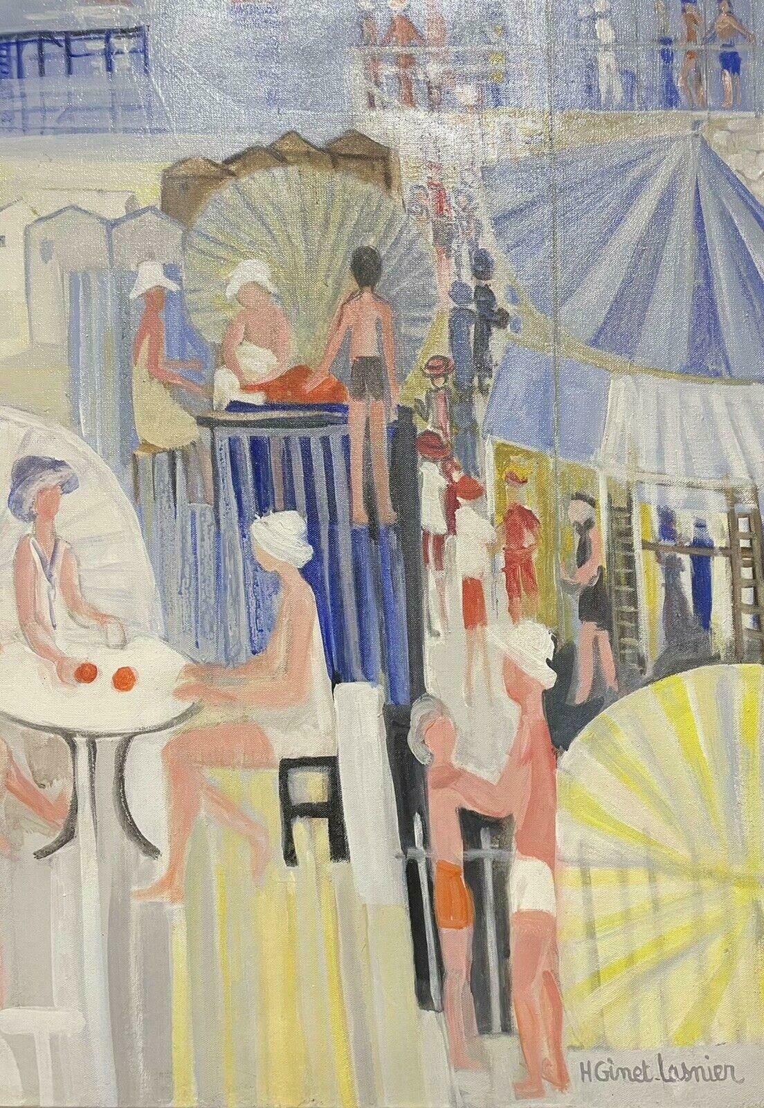 Huguette Ginet Lasnier Ginet Lasnier (1927 2020) French Oil   Colourful Busy Figure Scenec. 2000's photo vinterior