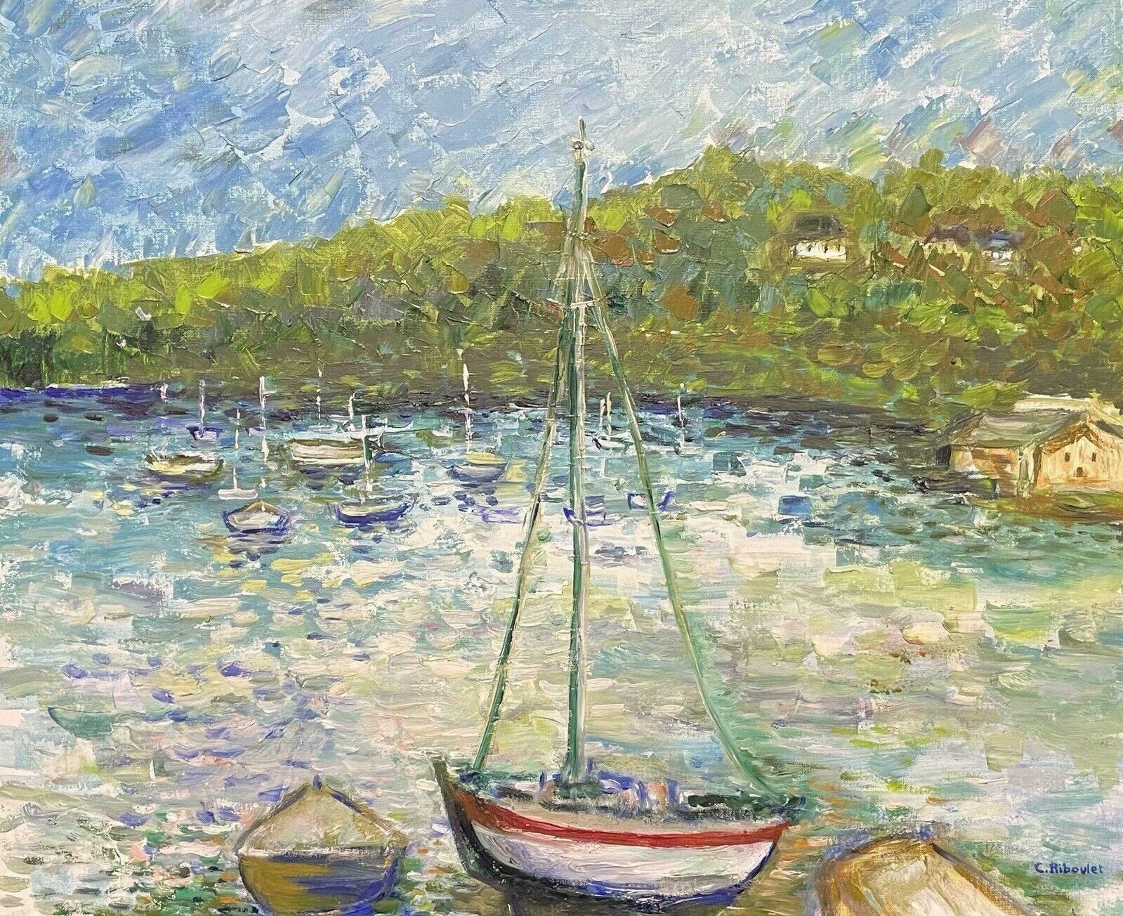 Claudine Ribouletclaudine Riboulet (French 1924 2013) Large Signed French Oil   Boats In Harbourmid Century