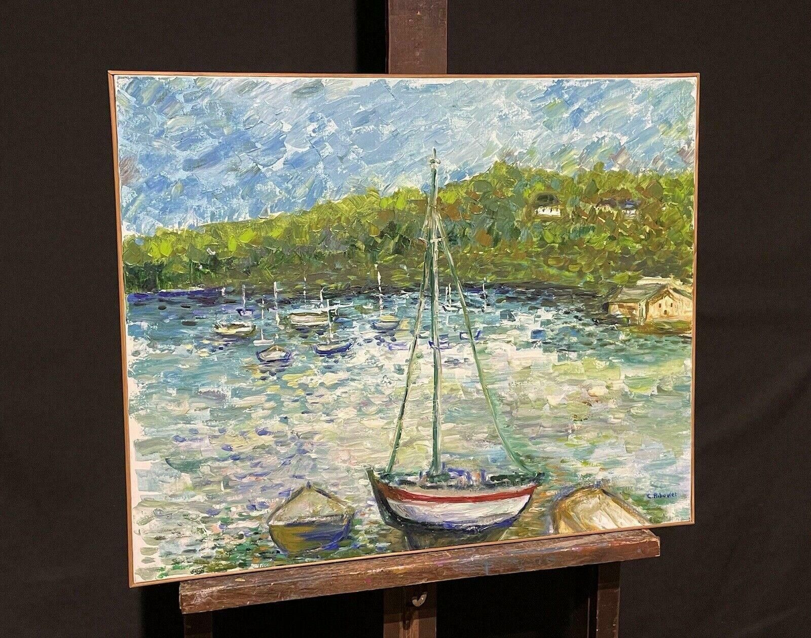 Claudine Ribouletclaudine Riboulet (French 1924 2013) Large Signed French Oil   Boats In Harbourmid Century photo for sale