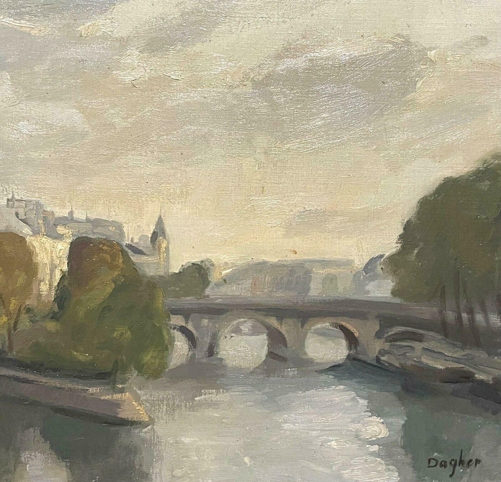 Amal Dagher1970's French Signed Oil   Moody Parisian River Seine Scene   Muted Colour Range20th Century photo Art
