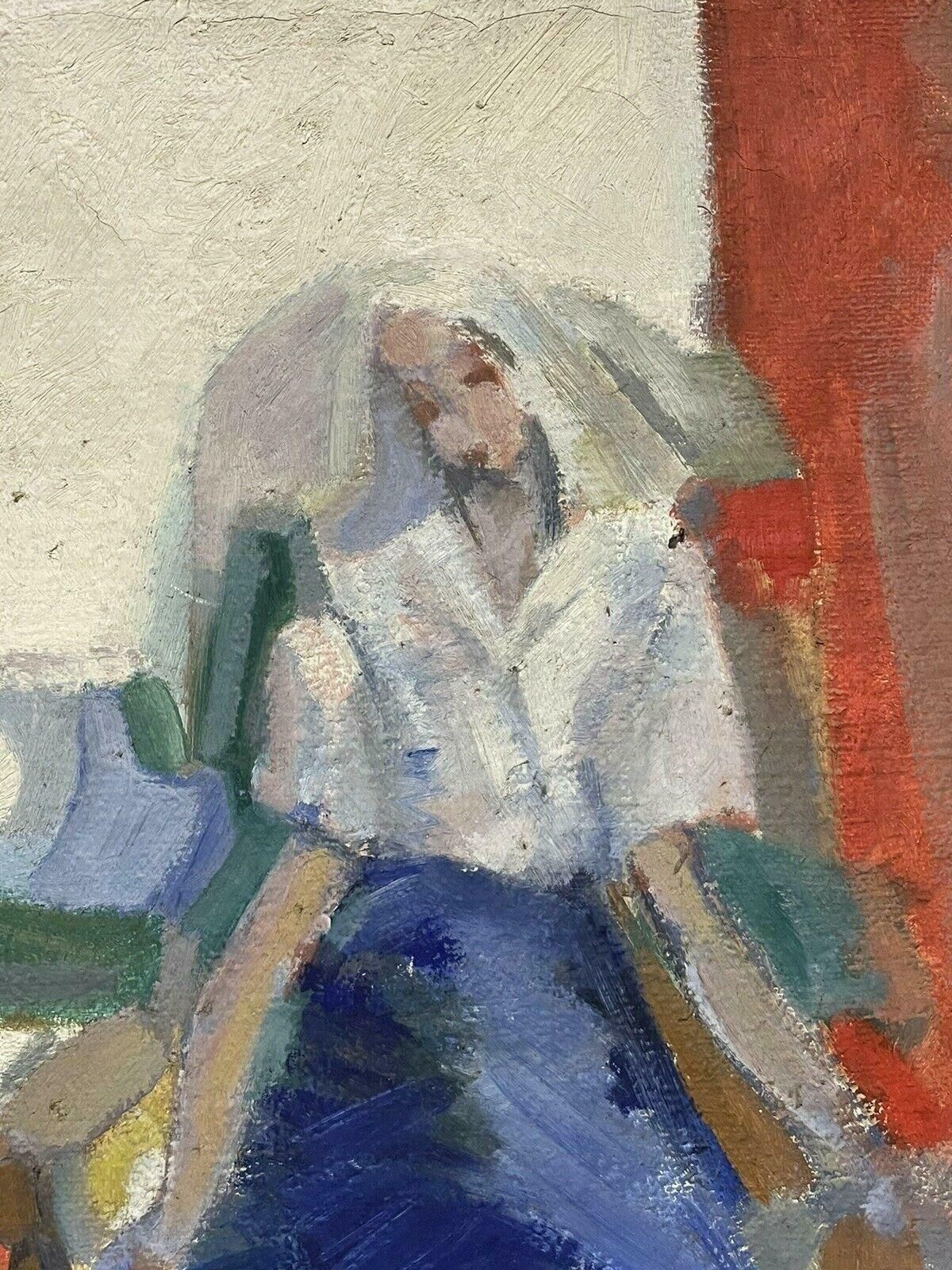 Unknown1950's French Fauvist Oil   Young Lady Seated On Terrace Chair   Beautiful Colorc. 1950's photo for sale