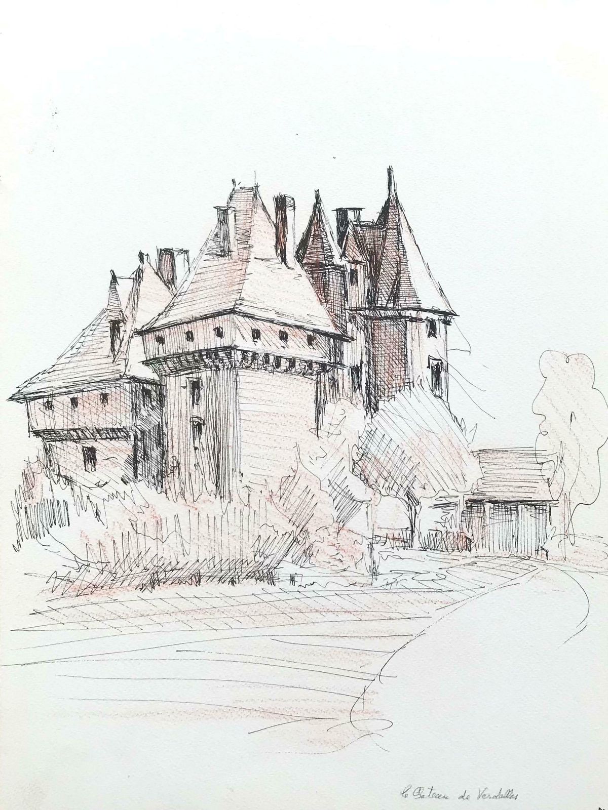 Bernard Labbe1950's Modernist/ Cubist Painting   French Castle Drawing1950's photo furniture