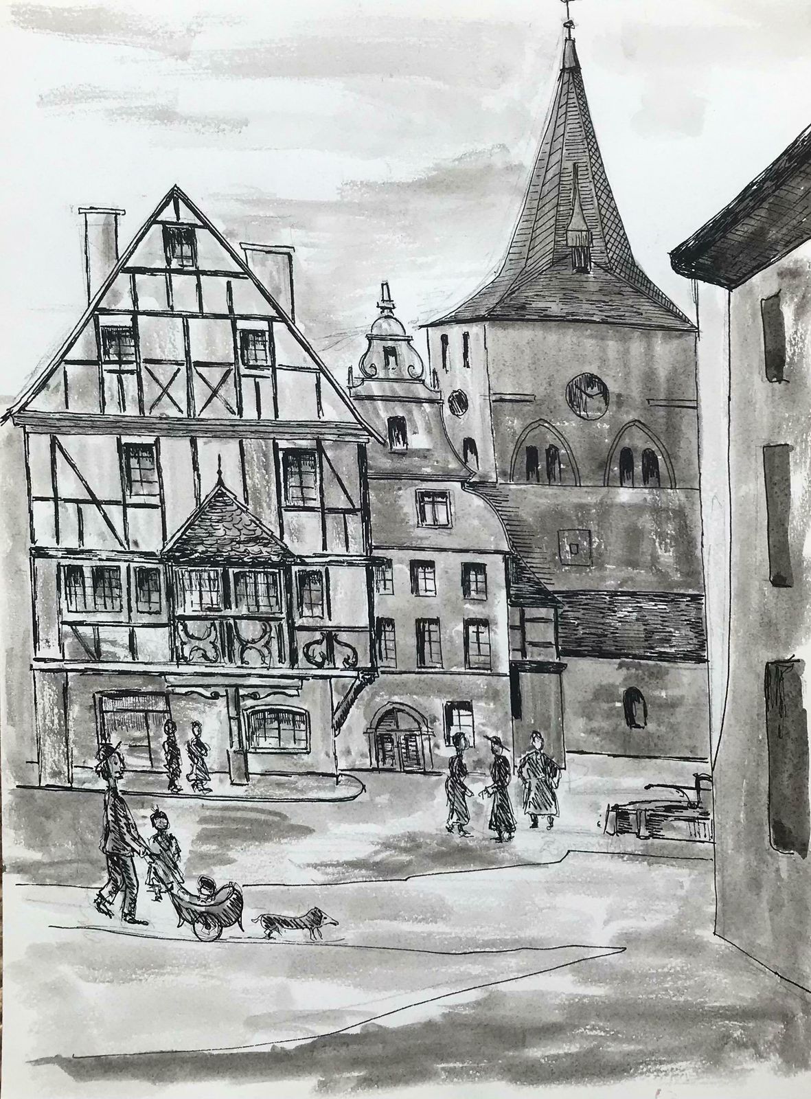 Bernard Labbe1950's Modernist/ Cubist Painting   Black And White French Town Scene1950's photo furniture