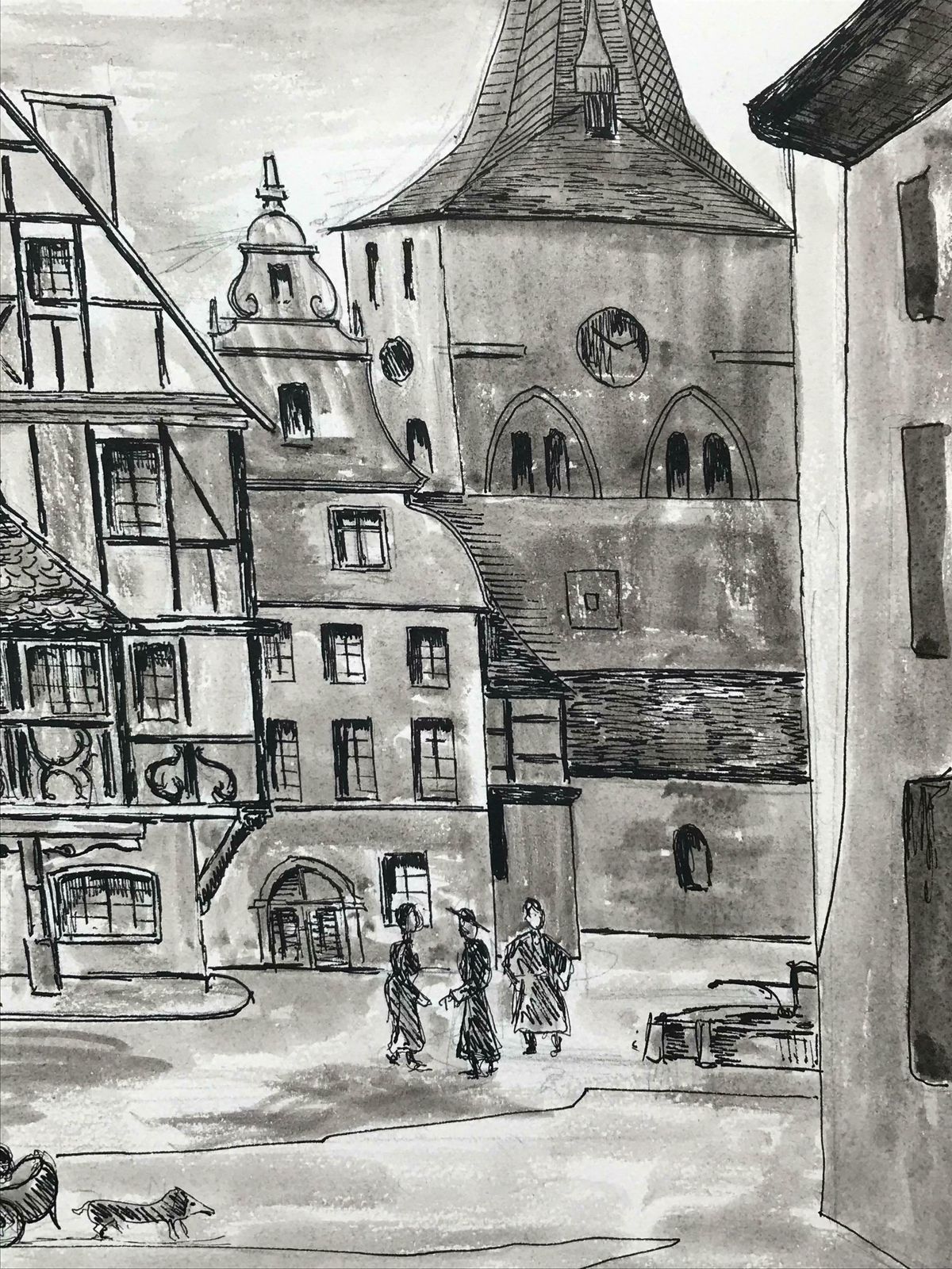 Bernard Labbe1950's Modernist/ Cubist Painting   Black And White French Town Scene1950's photo buy