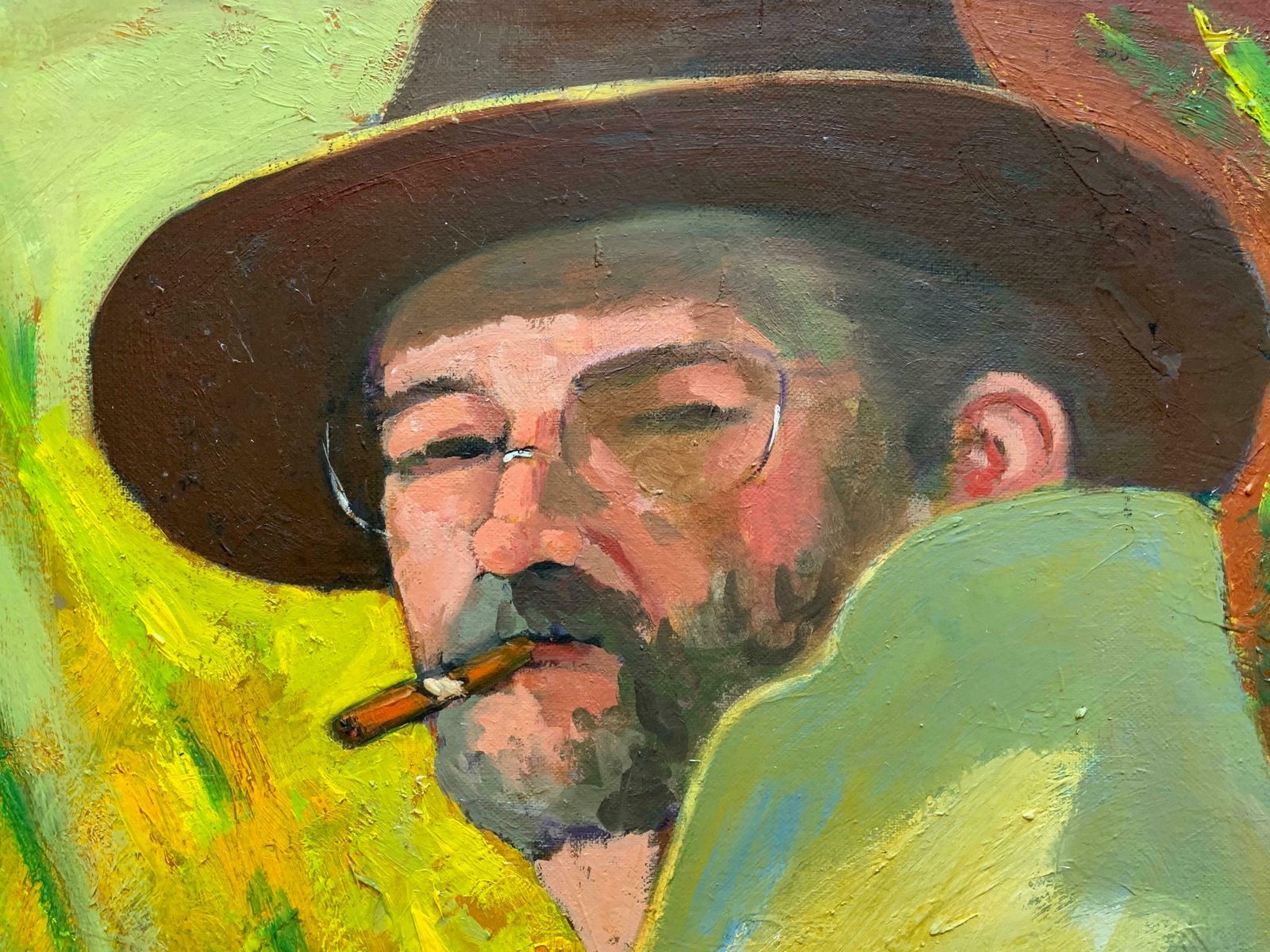Serge Malletfrench Portrait Man In Hat Smoking Cigar Large Signed Oil Painting On Canvasc.1990 photo for sale