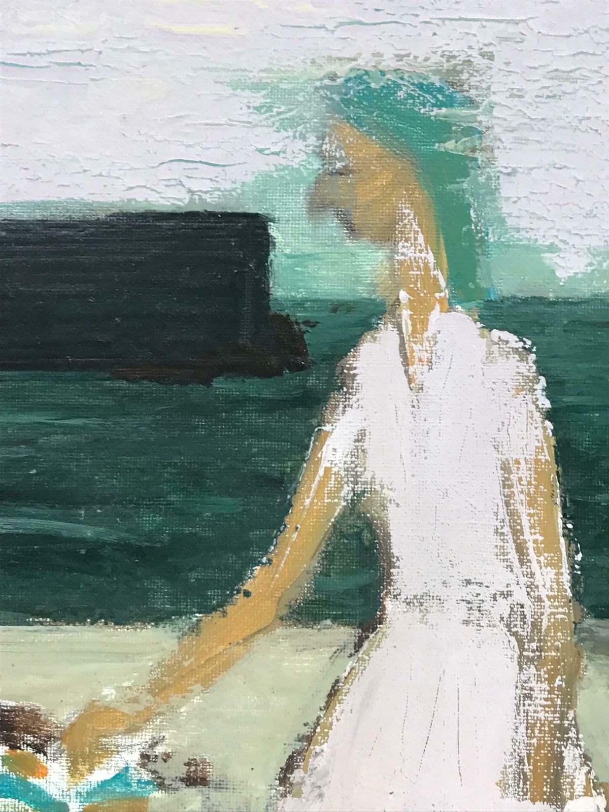 French School20th Century French Modernist Oil Two Figures On Beach With Sea & Jetty photo for sale