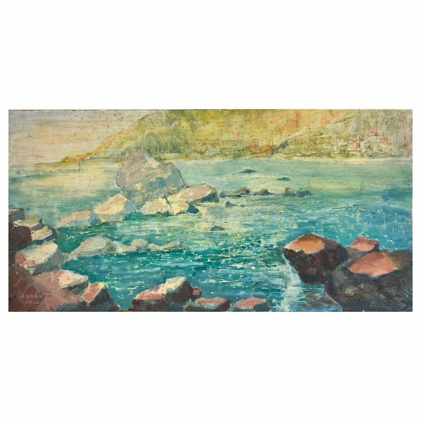 Barbera Doyle1970's Modern British Impressionist Oil Painting Spanish Coastal Blue Sea Rocksc. 1970's