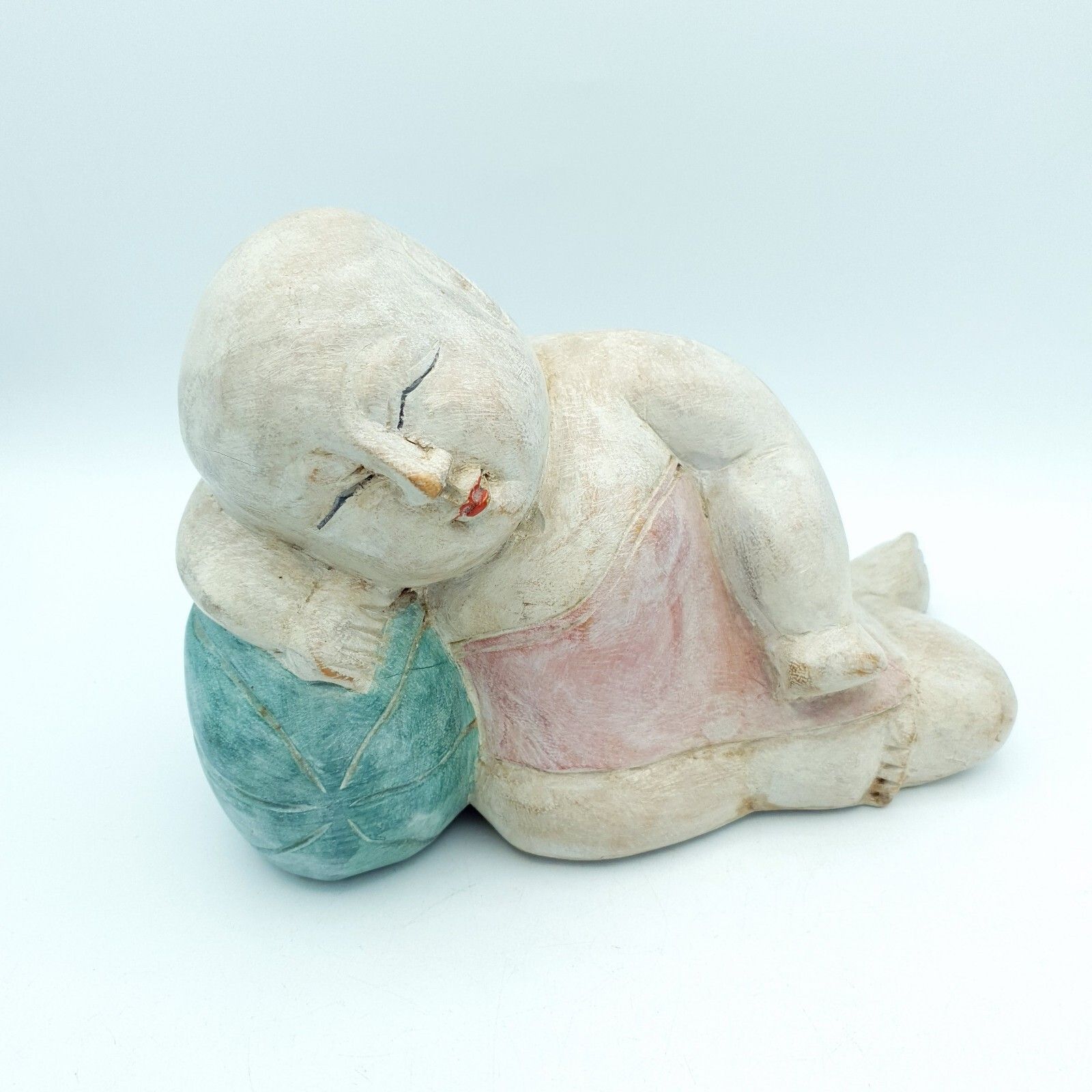 photo vinterior Handcarved Asian Sculptures Wood Carved Children Sleeping C1960 80s Altai Mount?