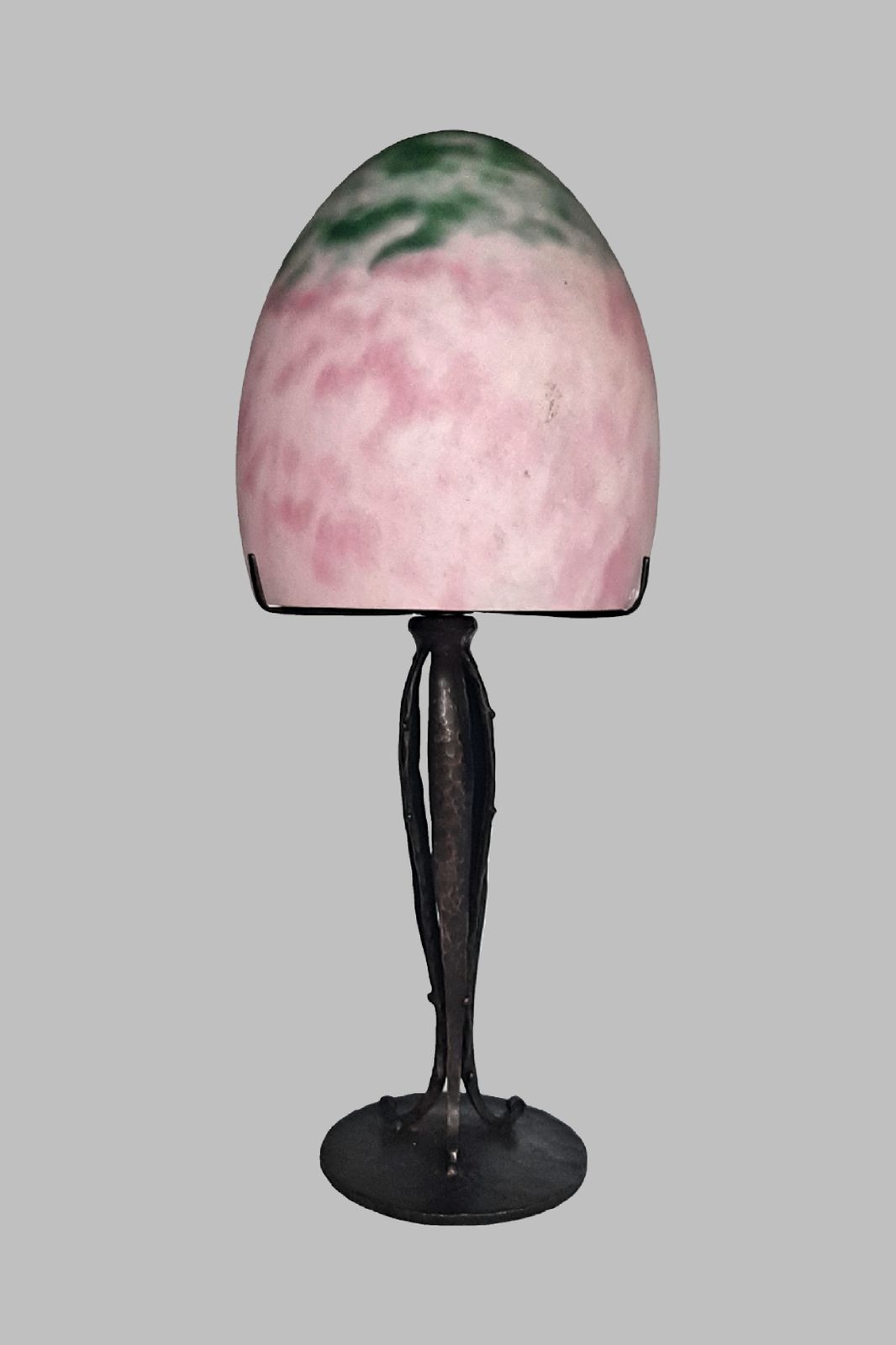 Art Deco Lamp 17" Tall Beautiful Mottled Green And Rose Tinted Glass Shade France 1970s