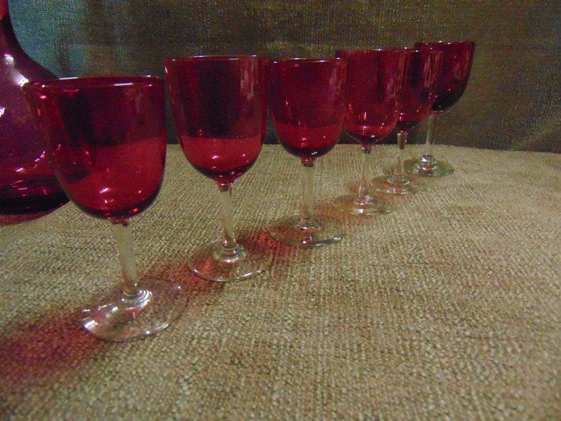 photo for sale Cranberry Glass Decanter With 6 Glasses