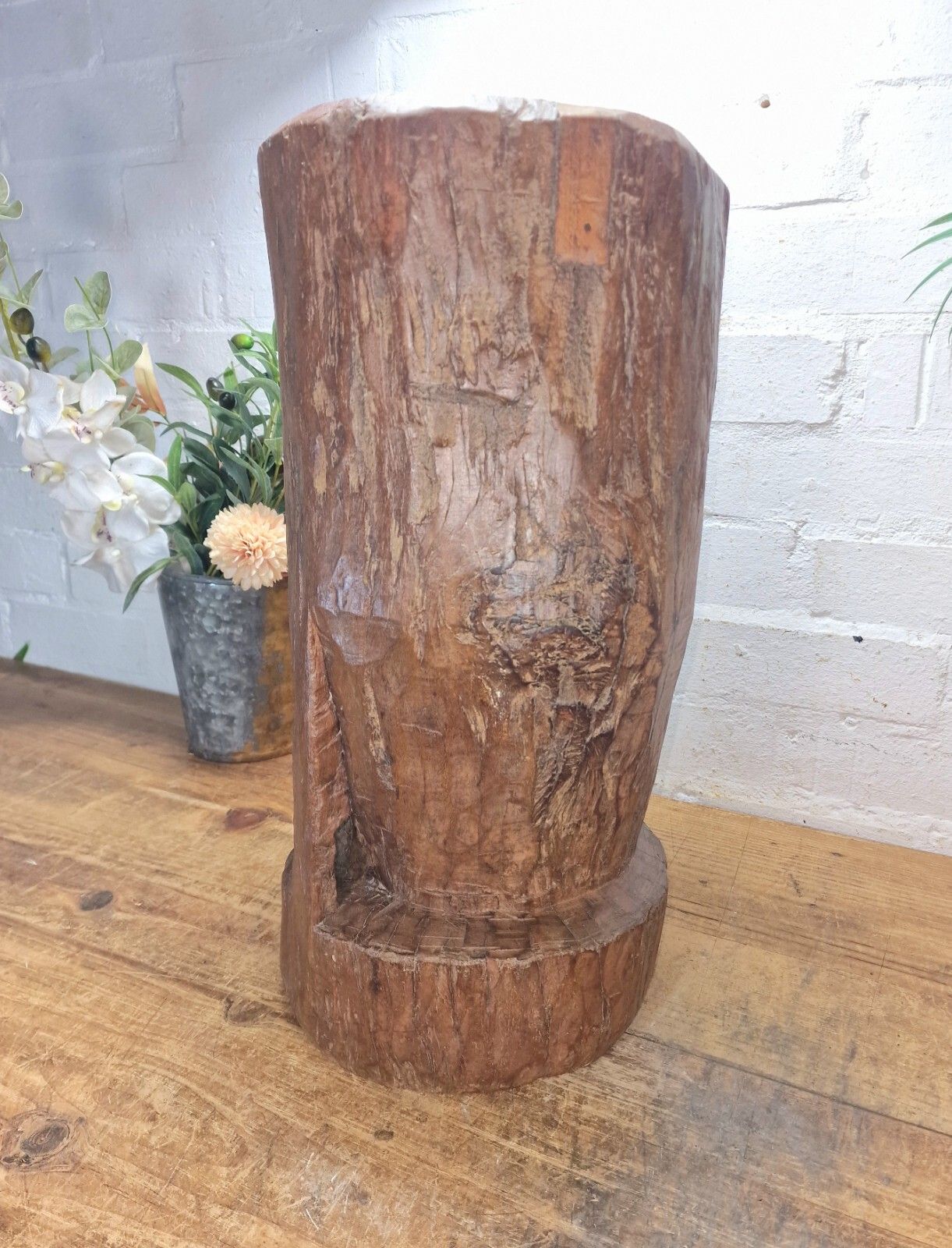 Large Vintage Antique Rustic Wabi Sabi Hand Carved Wooden Grinding  Mortar Bowl photo furniture