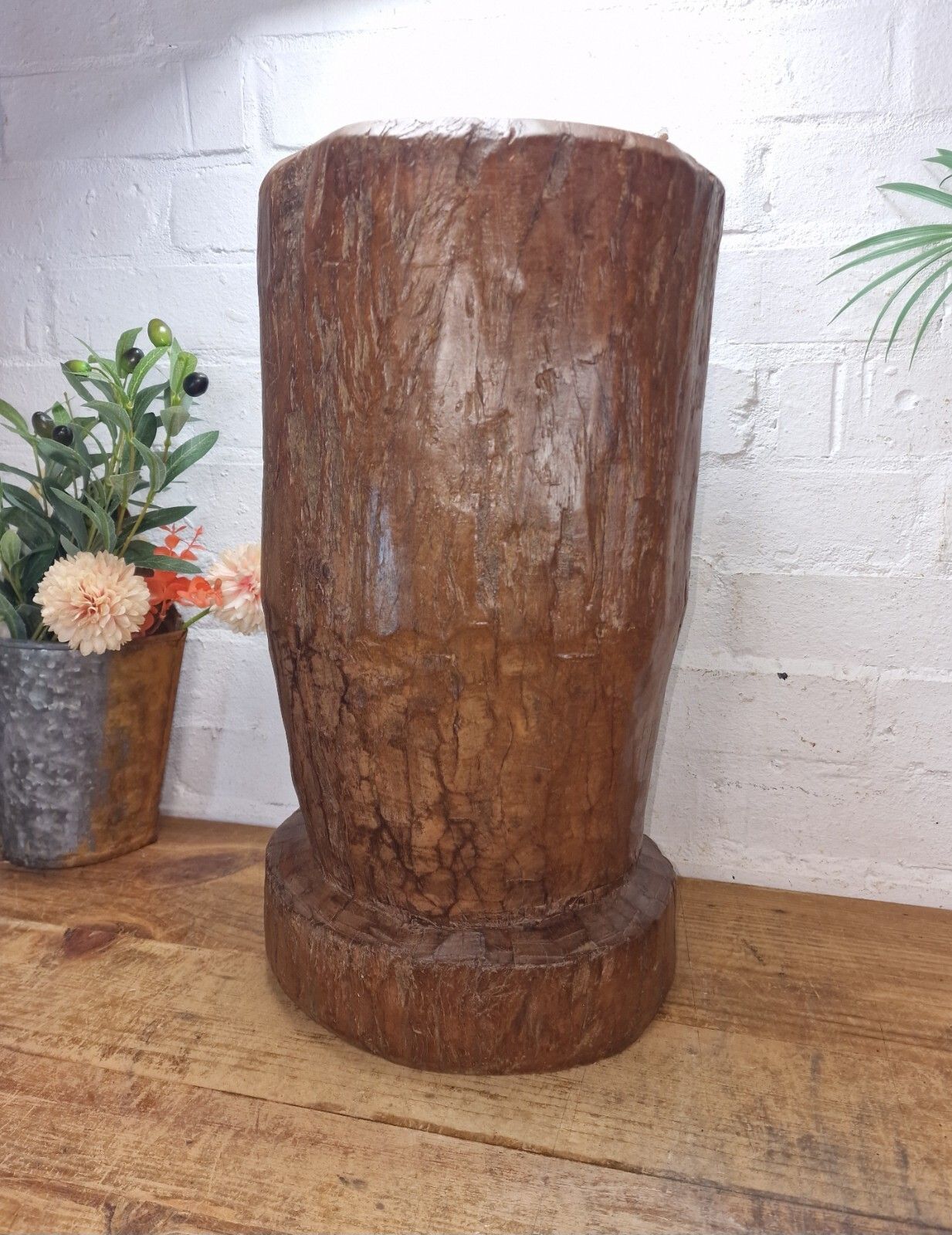 Large Vintage Antique Rustic Wabi Sabi Hand Carved Wooden Grinding  Mortar Bowl photo vintage