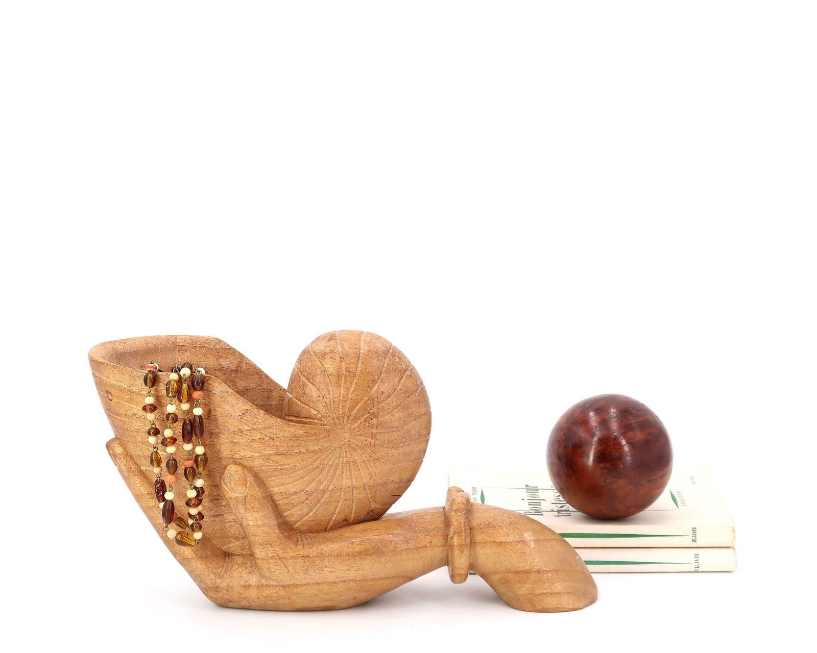 Large Wooden Bowl Or Dish, Hand Holding A Seashell, 1970s / Carved Wood, Bathroom, Boho Chic, Bohemian, Folk, Ring Dish, Jewelry Holder photo Home Decor