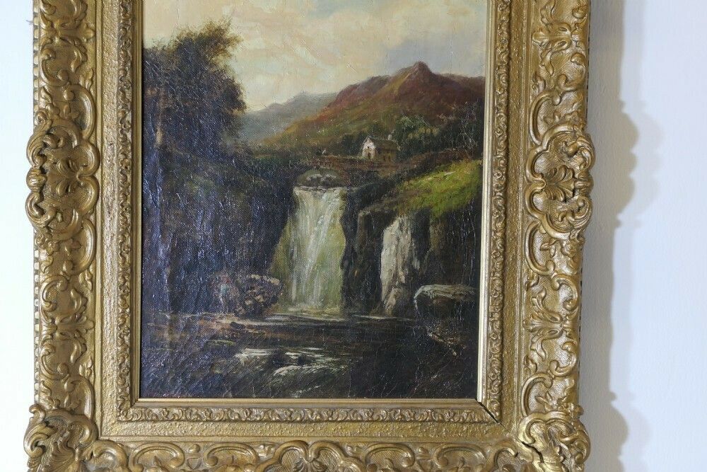 Unsigned Victorian Oil Painting, Of A Water Fall photo furniture