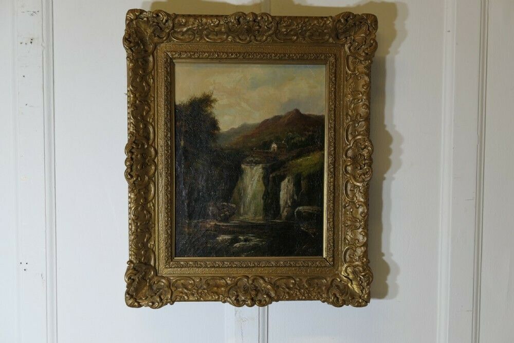 Unsigned Victorian Oil Painting, Of A Water Fall photo for sale