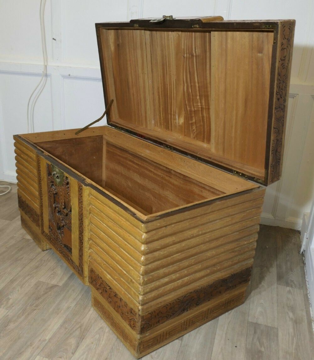 Art Deco Limed Oak & Carved Camphor Wood Chest photo furniture