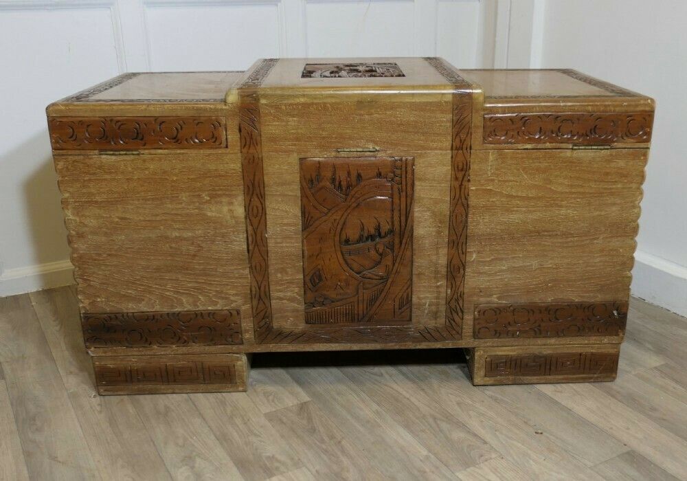 Art Deco Limed Oak & Carved Camphor Wood Chest photo for sale