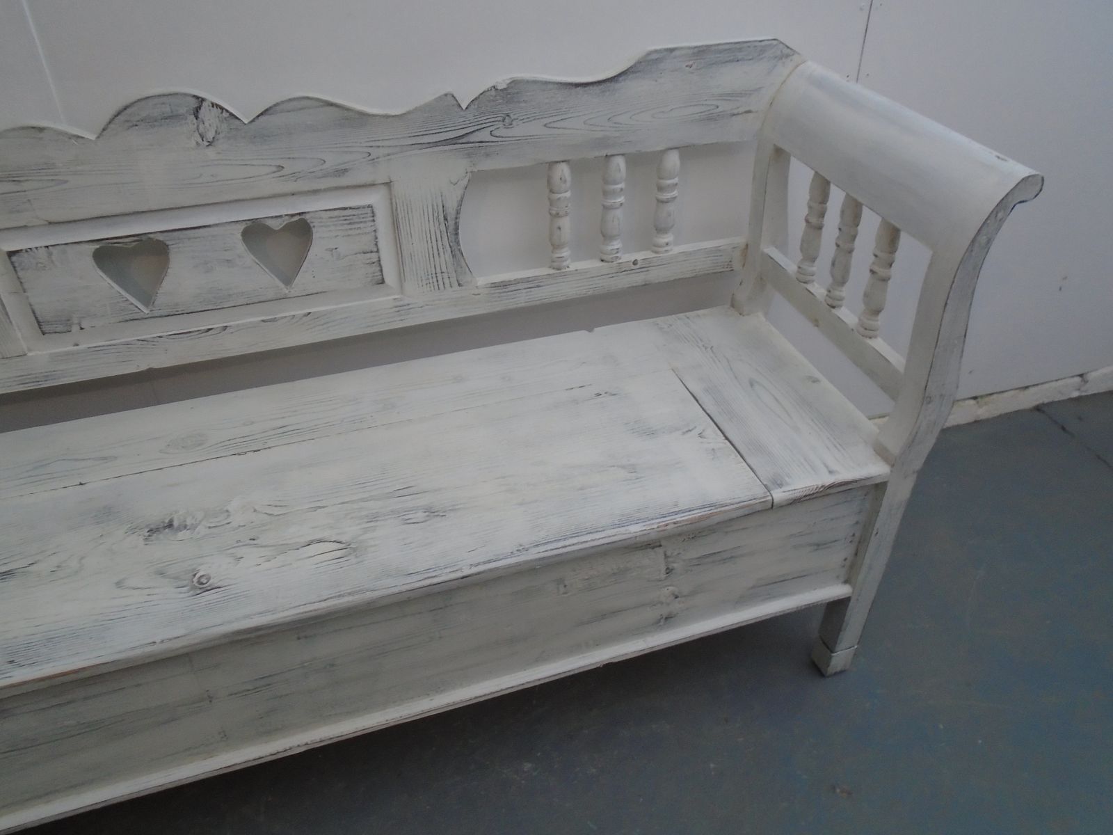 A White & Black Heart Motif Antique Pine 3 Seater Bench photo furniture