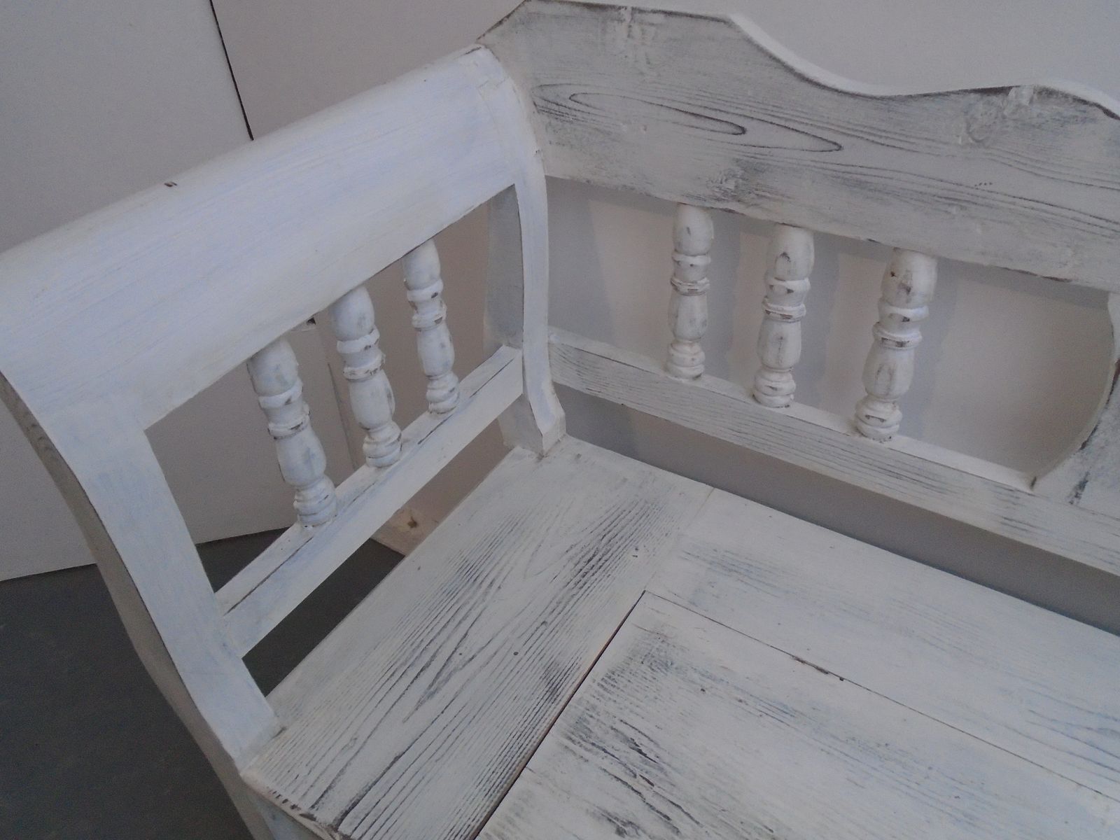 A White & Black Heart Motif Antique Pine 3 Seater Bench photo Furniture