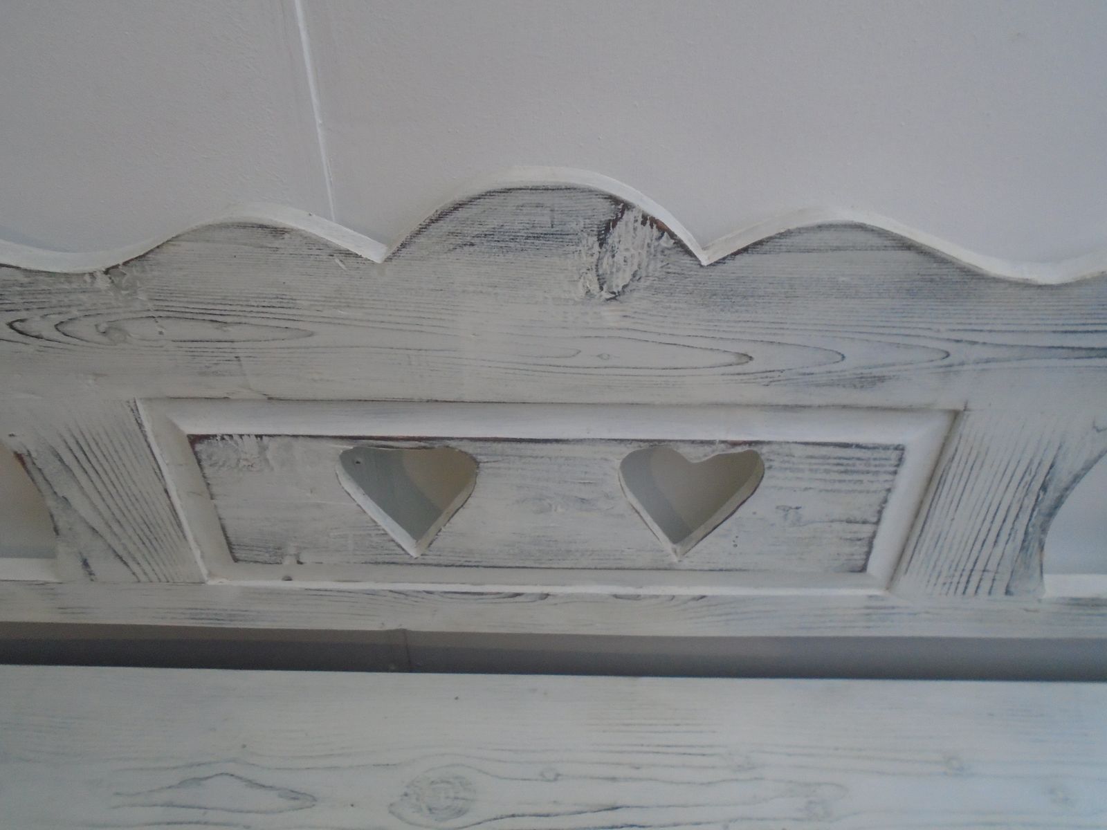A White & Black Heart Motif Antique Pine 3 Seater Bench photo buy