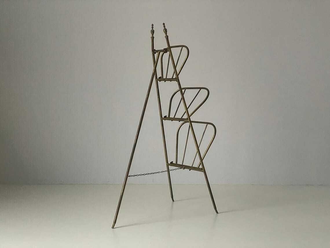 Mid Century Italian Brass 3 Tier Folding Magazine Rack Stand 1950s  Italy photo vinterior